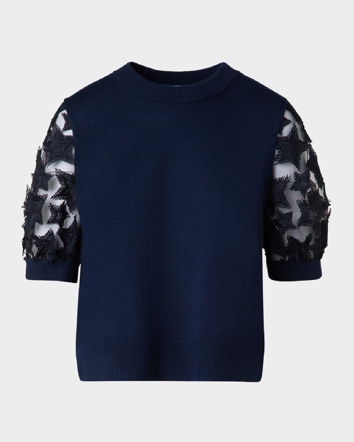Akris Punto 3d Star Embroidered Short-sleeve Knit Sweater In Ink