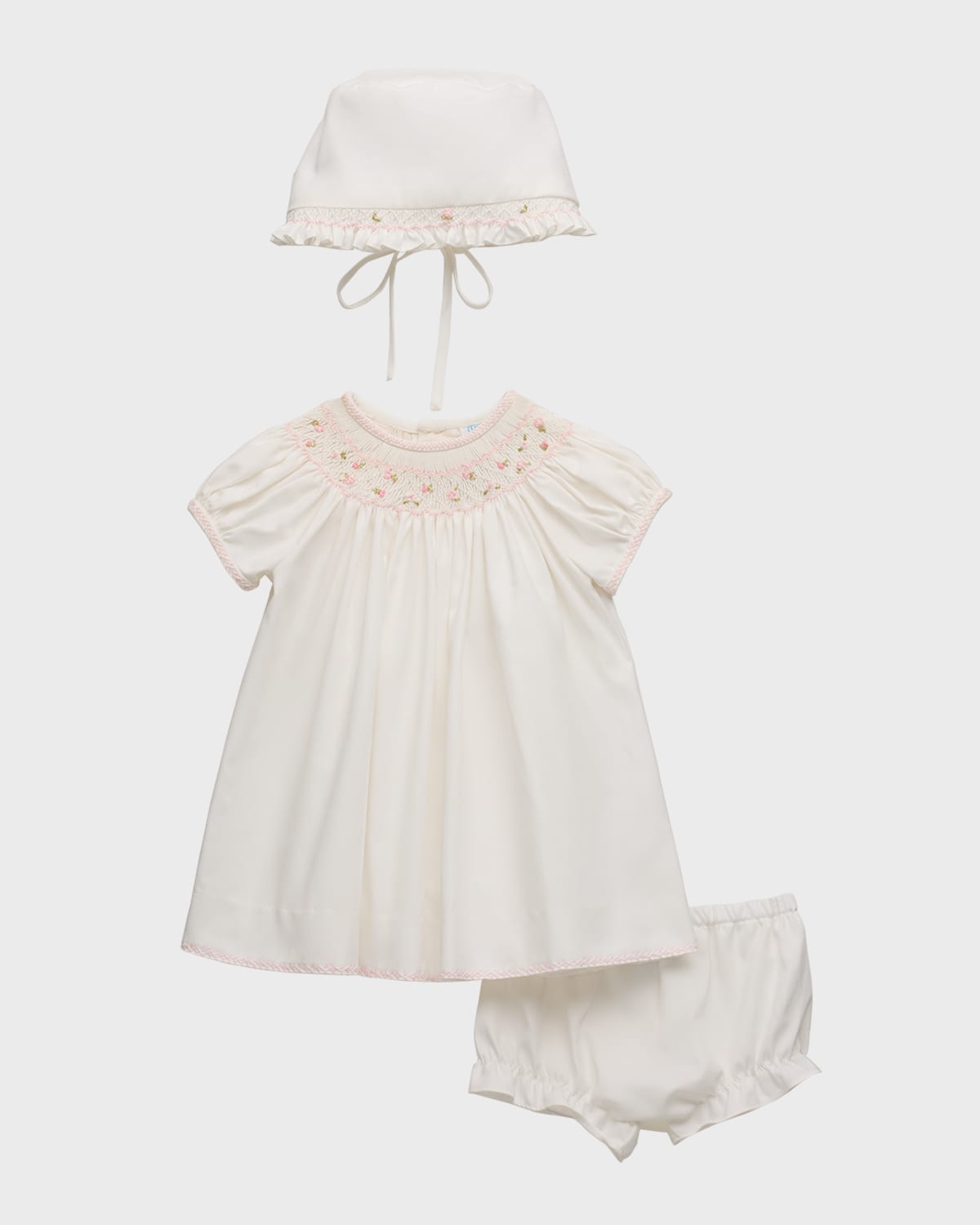 Luli & Me Girl's Floral Smocked Bishop Dress W/ Bonnet & Bloomers In White