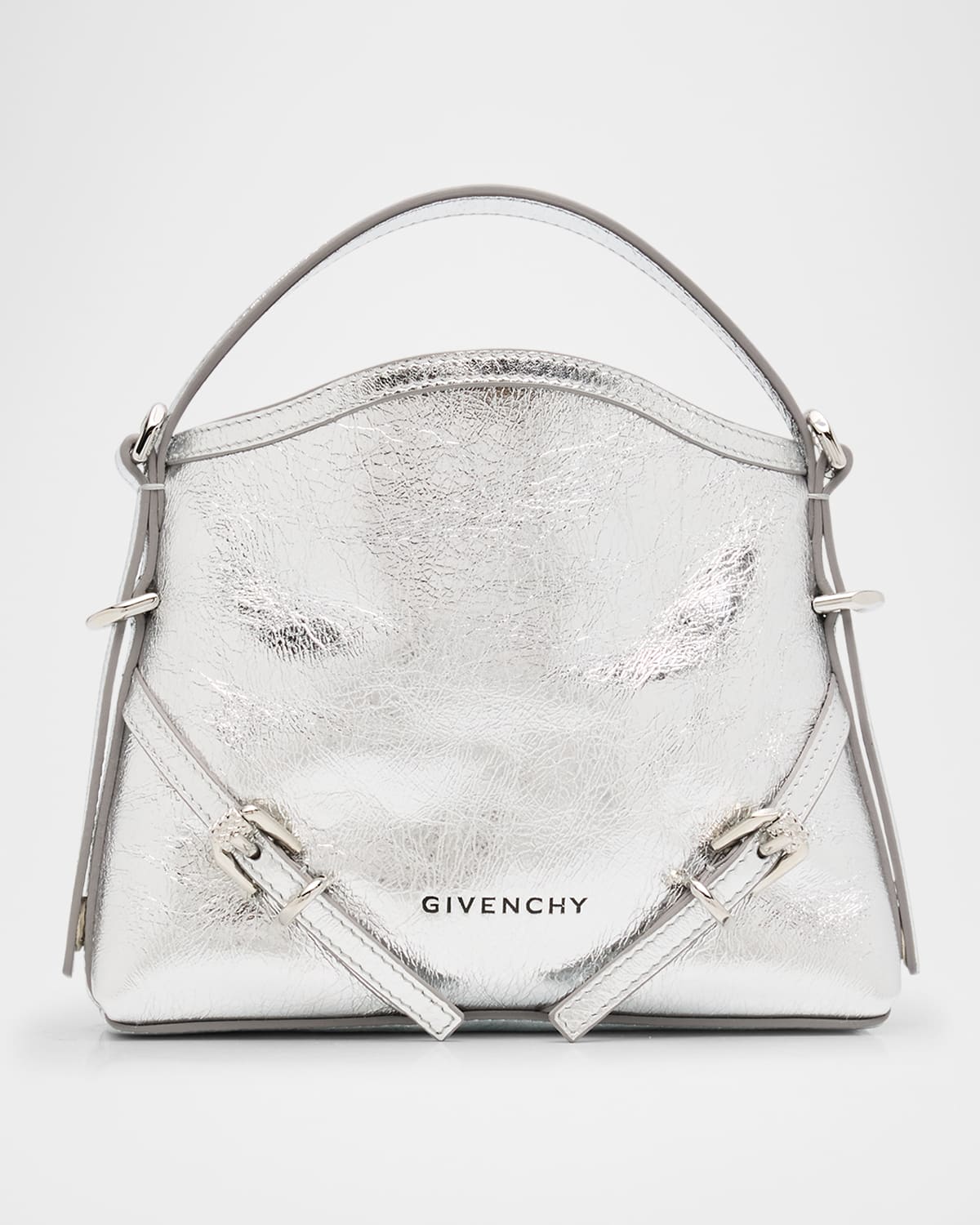 Givenchy Voyou Nano Top-handle Bag In Metallic Leather In Light Silvery