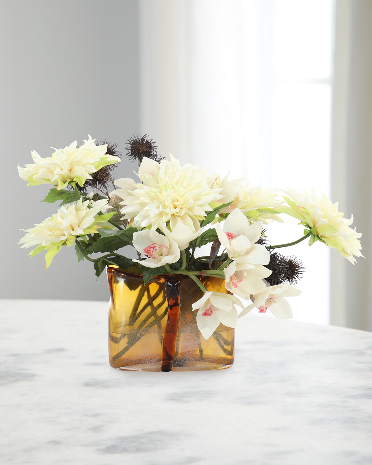 John-richard Collection Dahlias And Thistles 16" Faux Floral Arrangement In Glass Vase In Gold