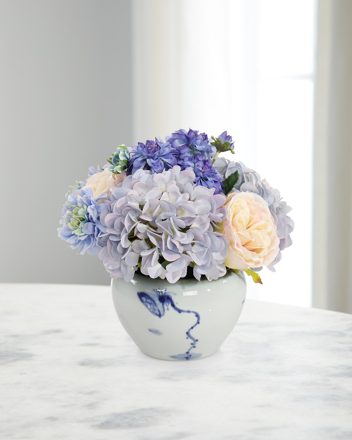 John-richard Collection Chinoiserie Blue 12" Faux Floral Arrangement In Porcelain Bowl In White