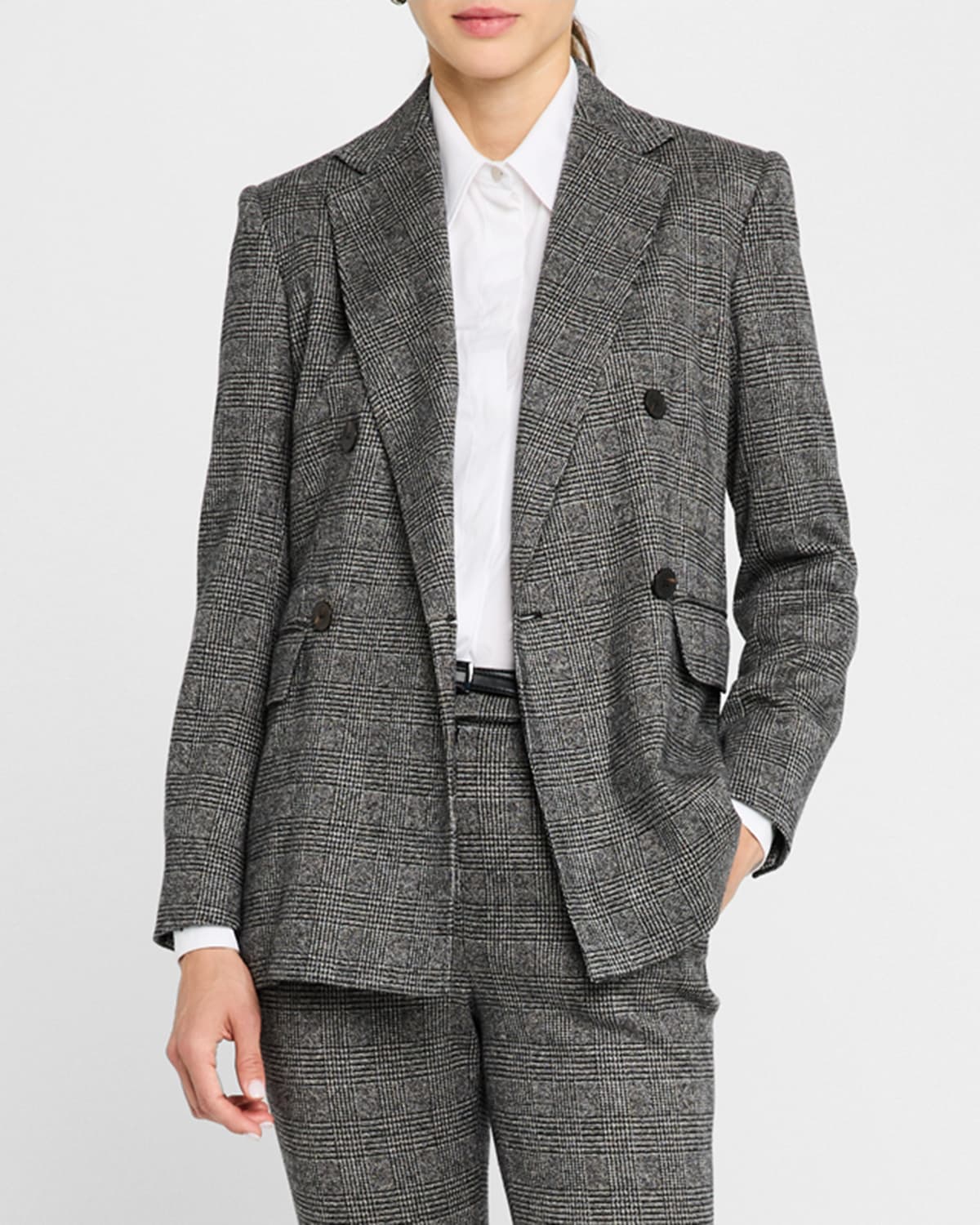 Shop Max Mara Ettore Double-breasted Houndstooth Plaid Blazer In Medium Grey