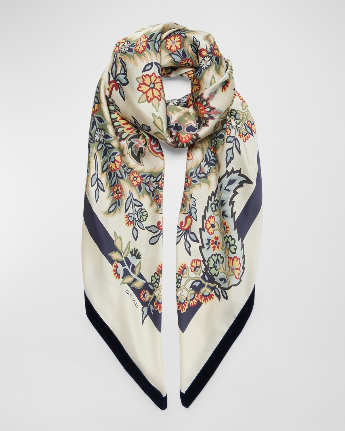 Etro Floral Silk Shawl With Velvet Trim In Print On Beige Base