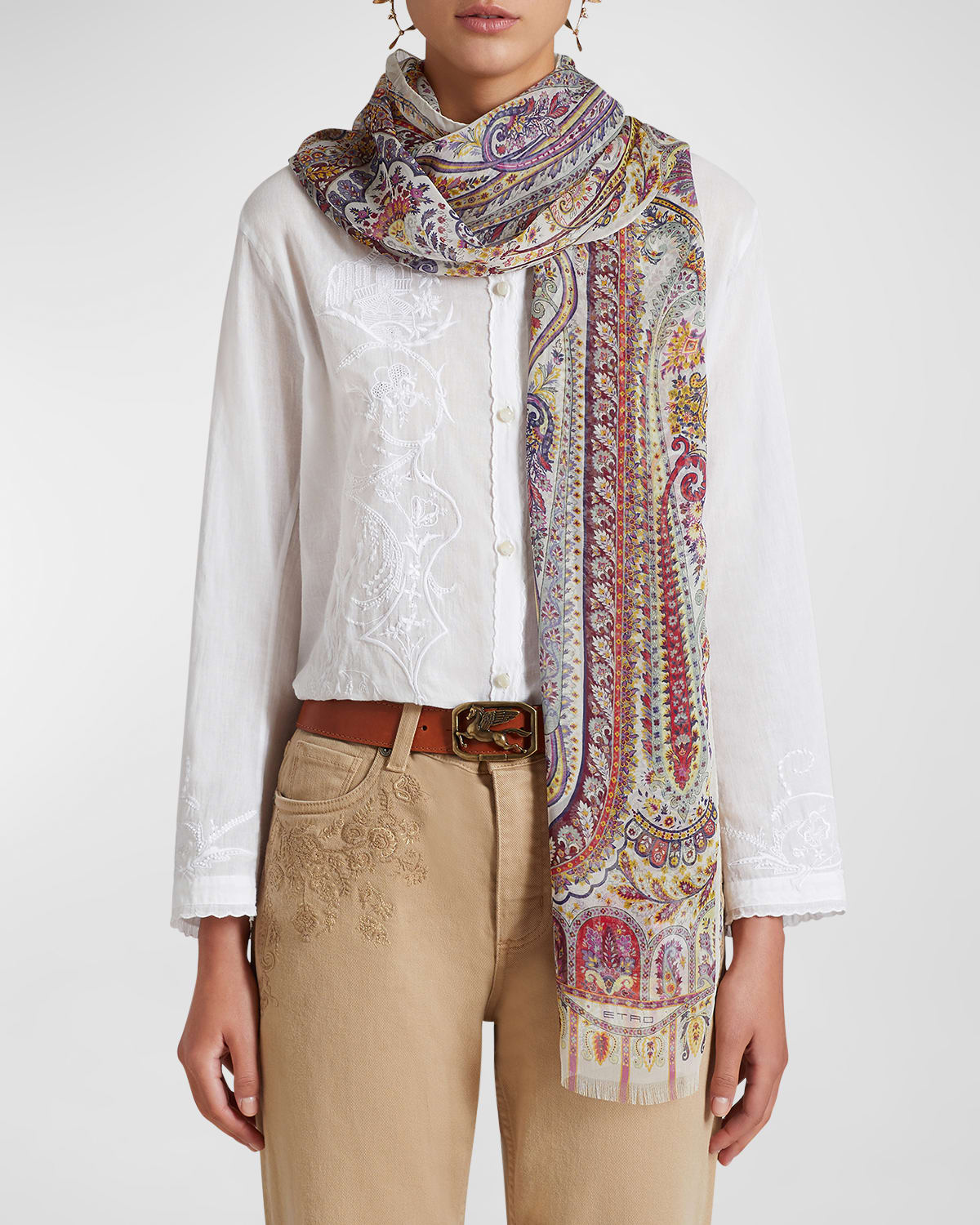 Etro Paisley & Floral Silk Scarf In Neutral