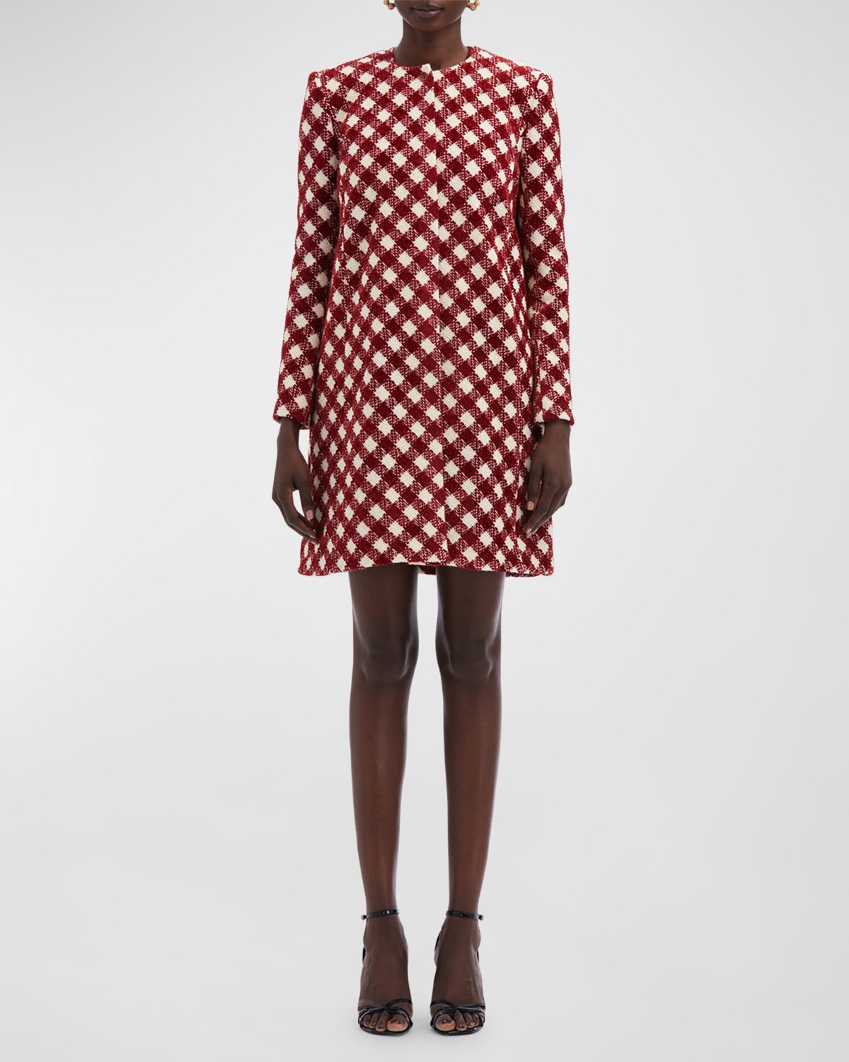 Oscar De La Renta Chenille Check Tweed Over Coat In Ivoryburgundy