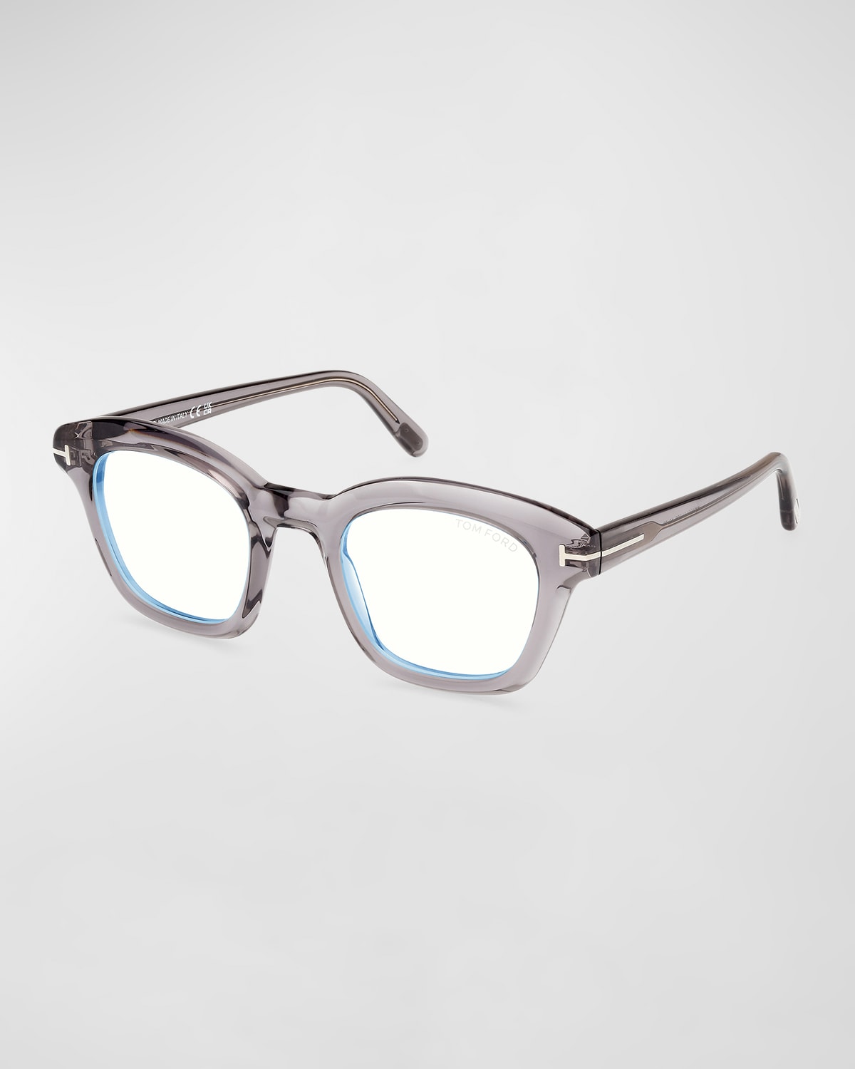 Tom Ford Men's Acetate Blue Blocking Square Glasses In Shiny Transparent Grey