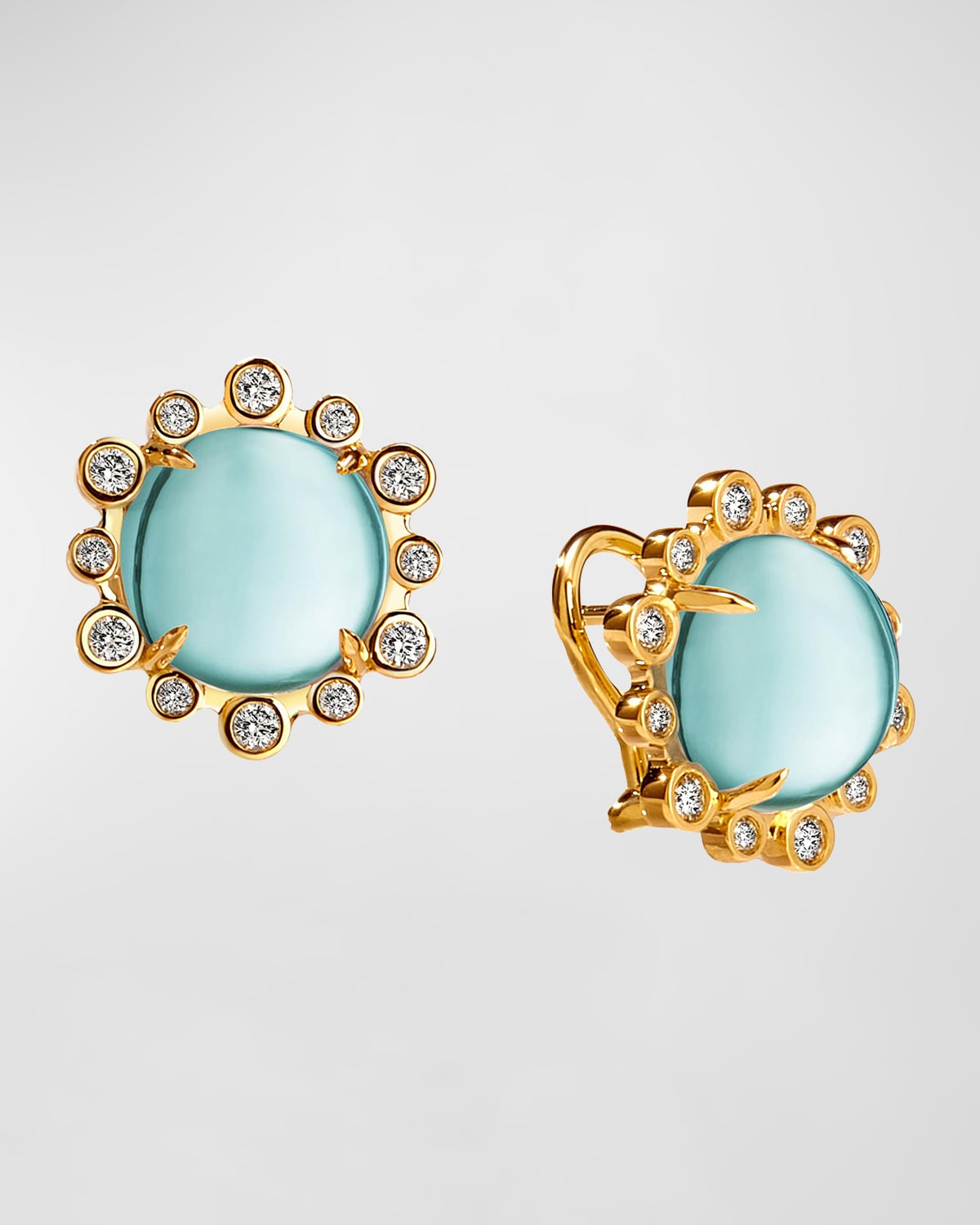 18K Yellow Gold Mogul Hex Omega Clip Earrings with Cabochon and Champagne Diamonds
