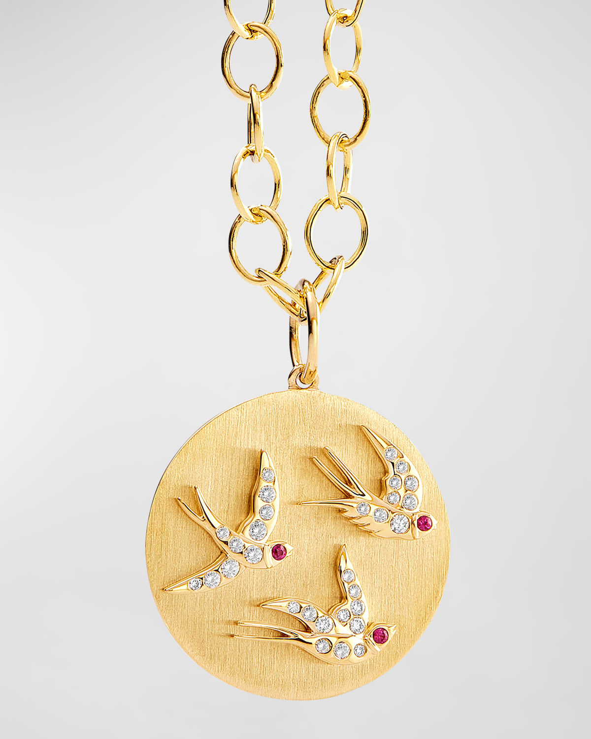 18K Yellow Gold Jardin Flying Swallows Pendant Necklace with Rubies and Diamonds
