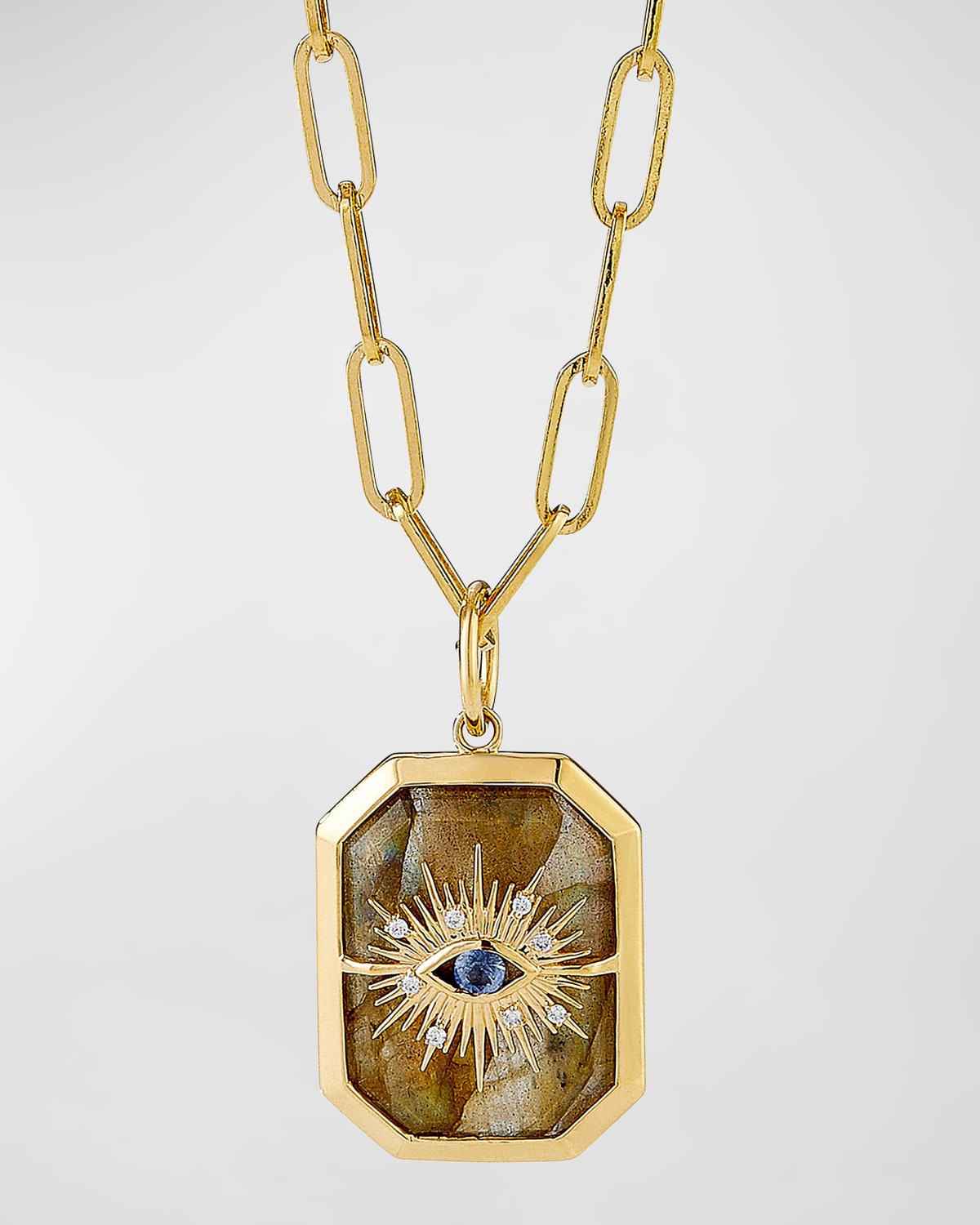 18K Yellow Gold Chakra Evil Eye Pendant Necklace with Labradorite, Blue Sapphire, and Diamonds