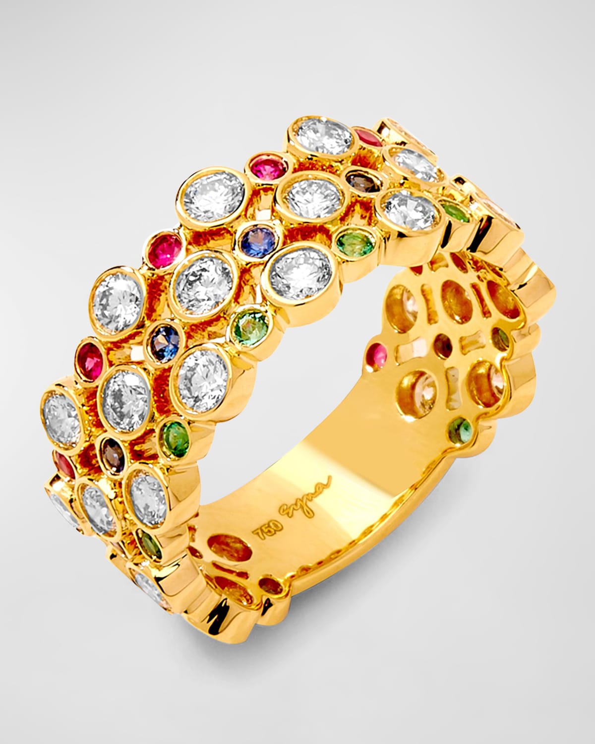 18K Yellow Gold Mogul Band with Emeralds, Rubies, Blue Sapphires, and Diamonds, Size 7