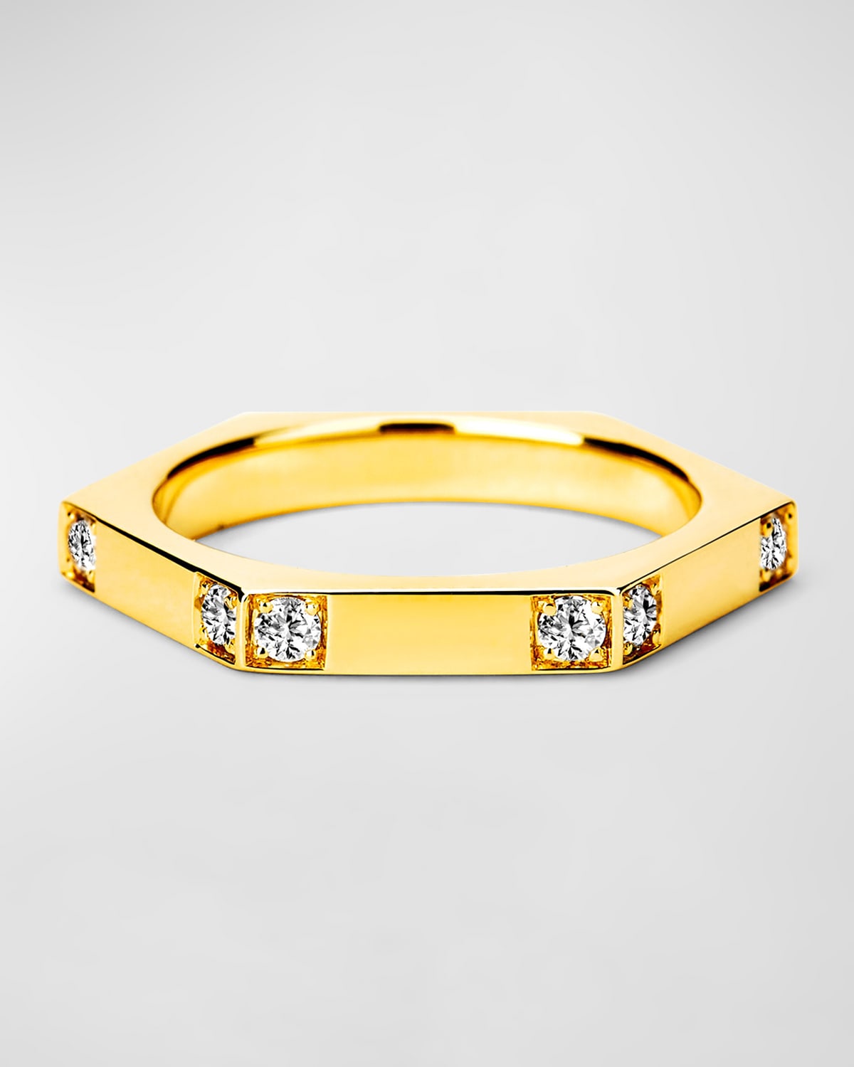 18K Yellow Gold Hex Band with Diamonds, Size 6.5