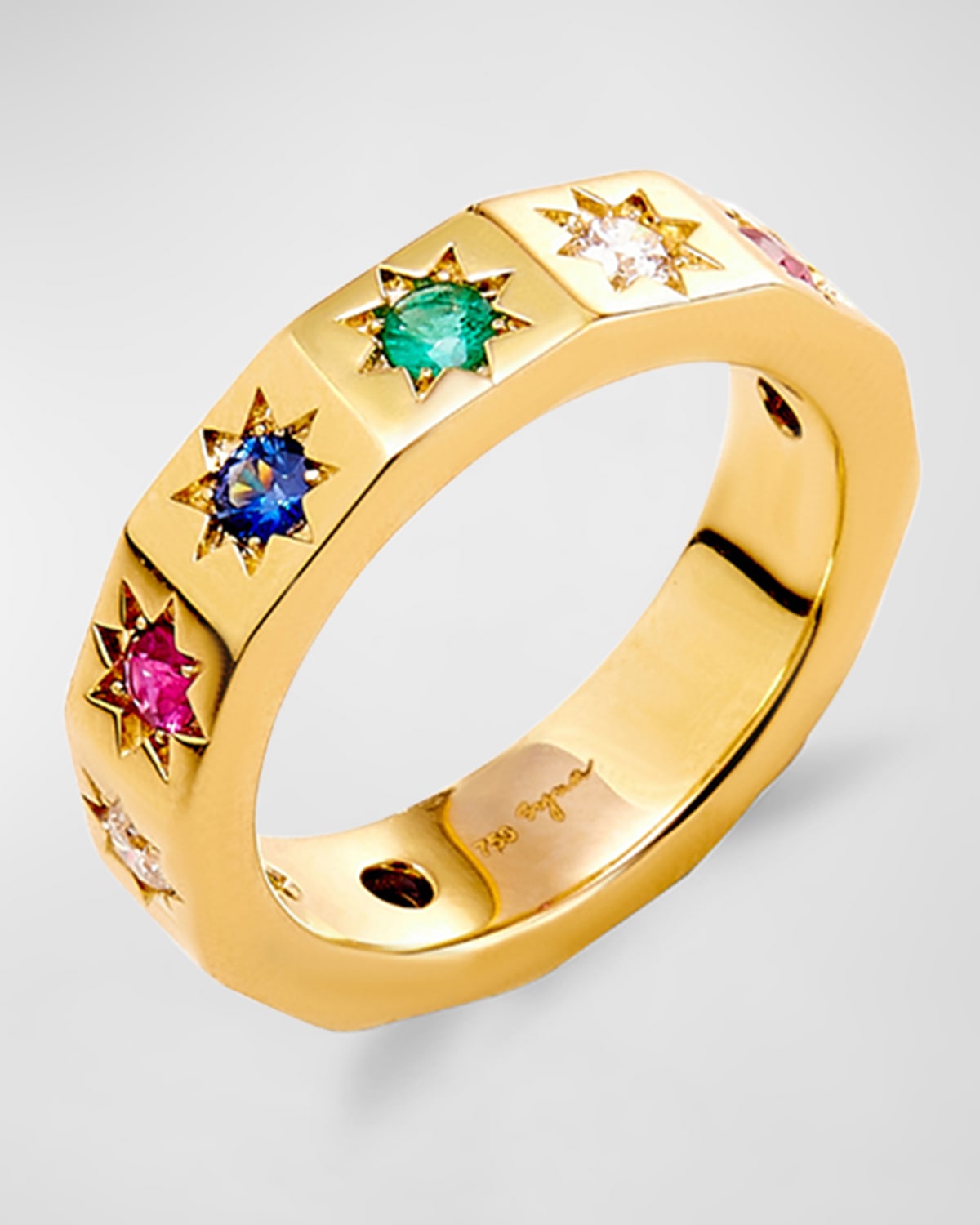 18K Yellow Gold Multicolor Star Band Ring, Size 6.5