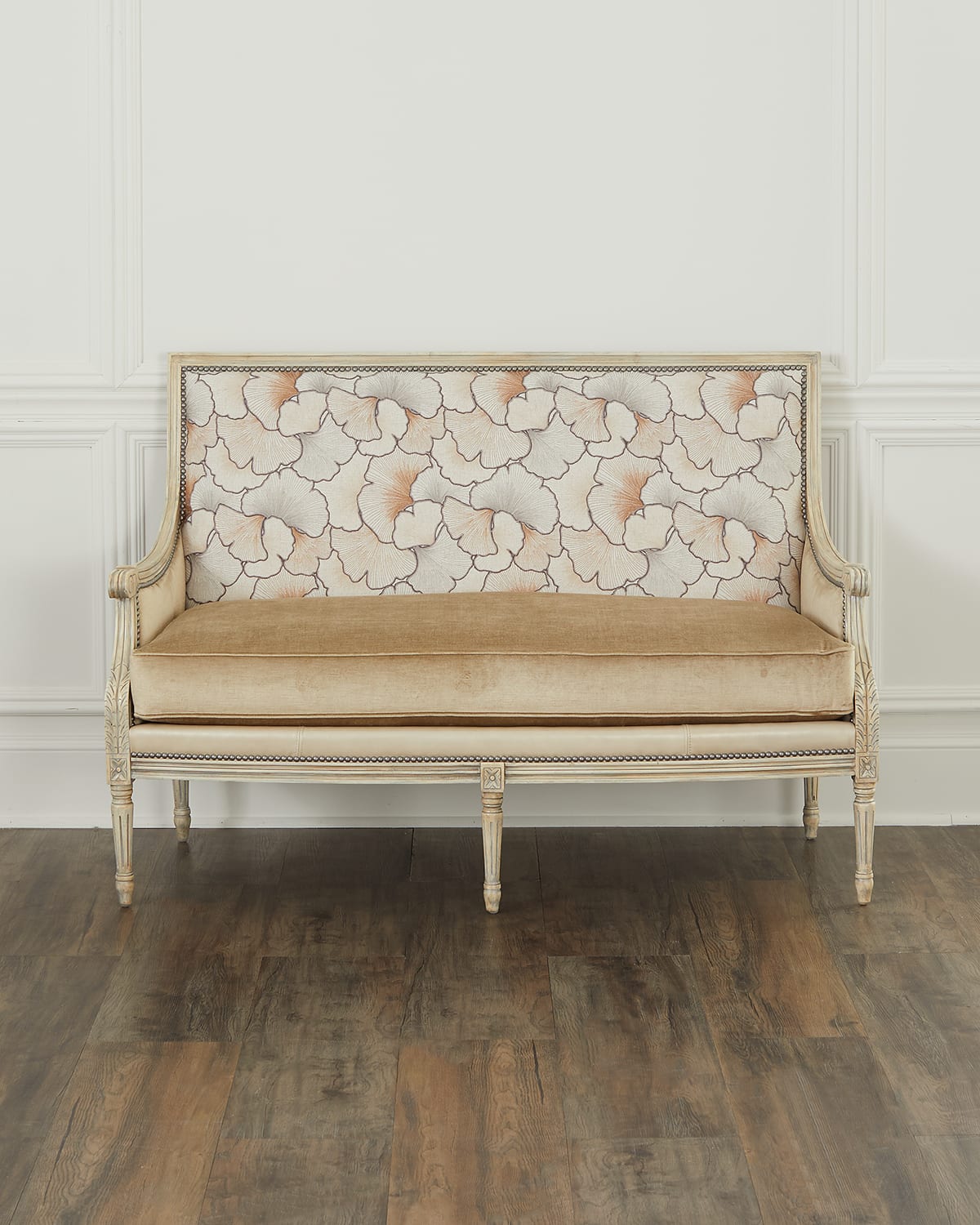 Massoud Shai Leather Settee In Cream, Greystone 
