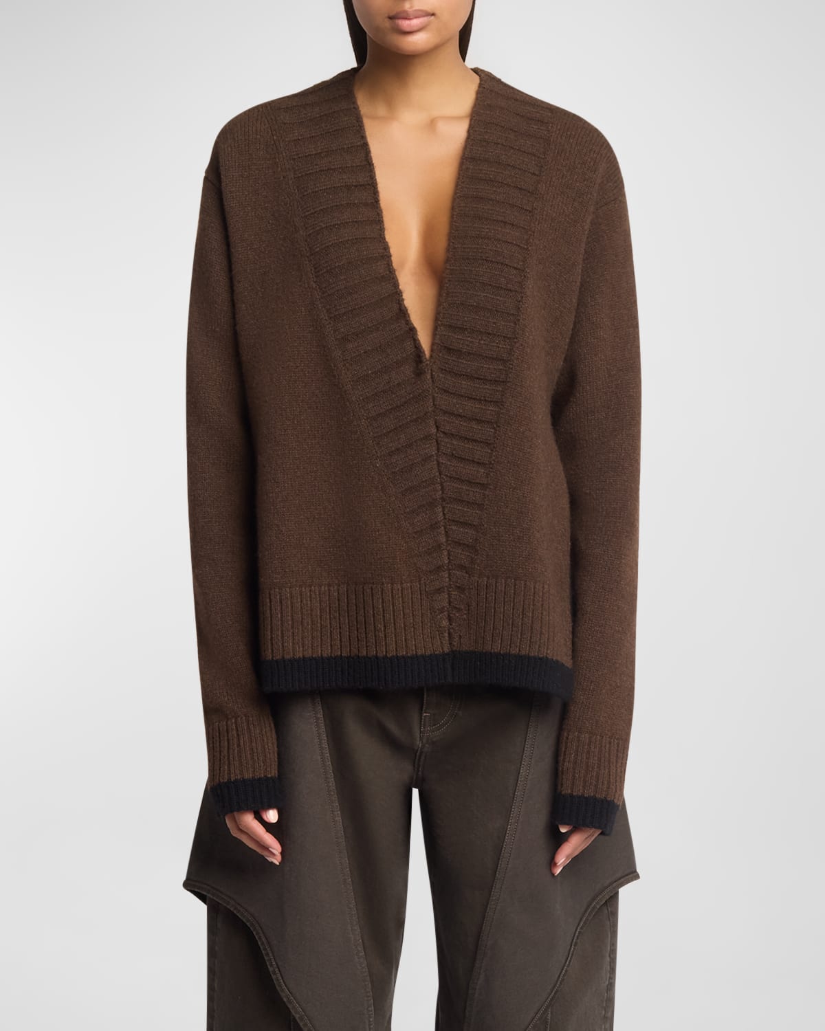 Slanted V Neck Wool Cashmere Sweater with Tipping