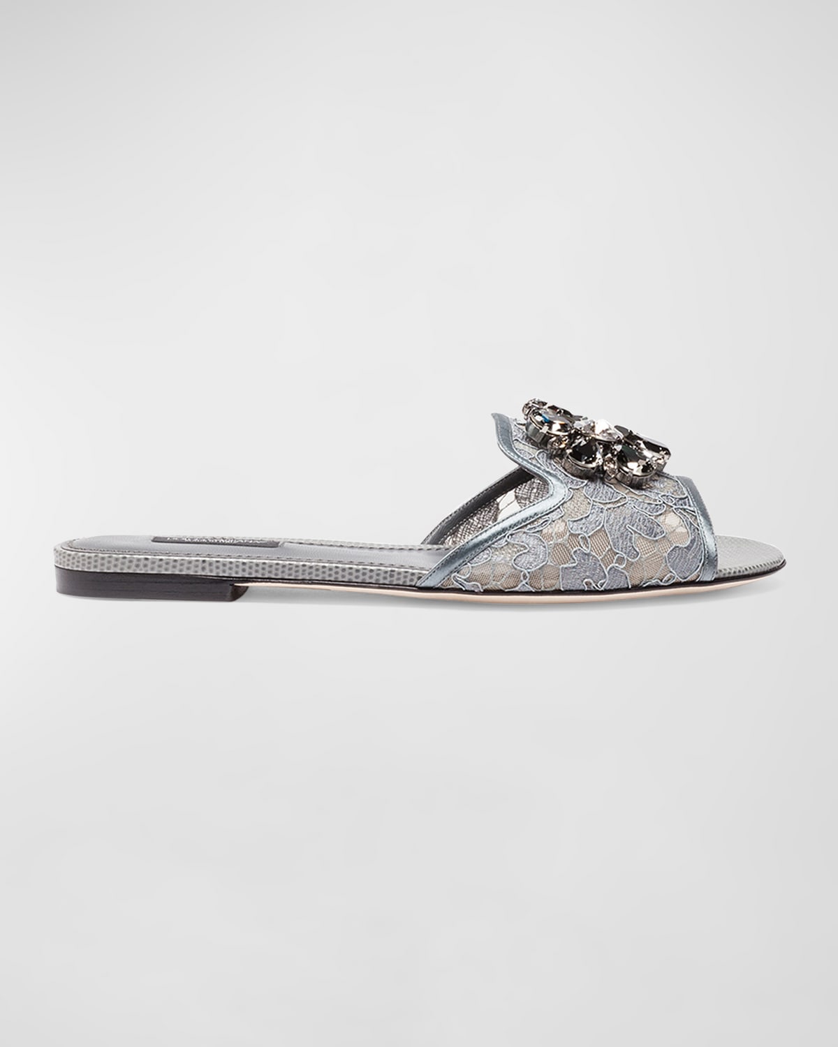 Dolce & Gabbana Lace Crystal Ornament Slide Sandals In Gray