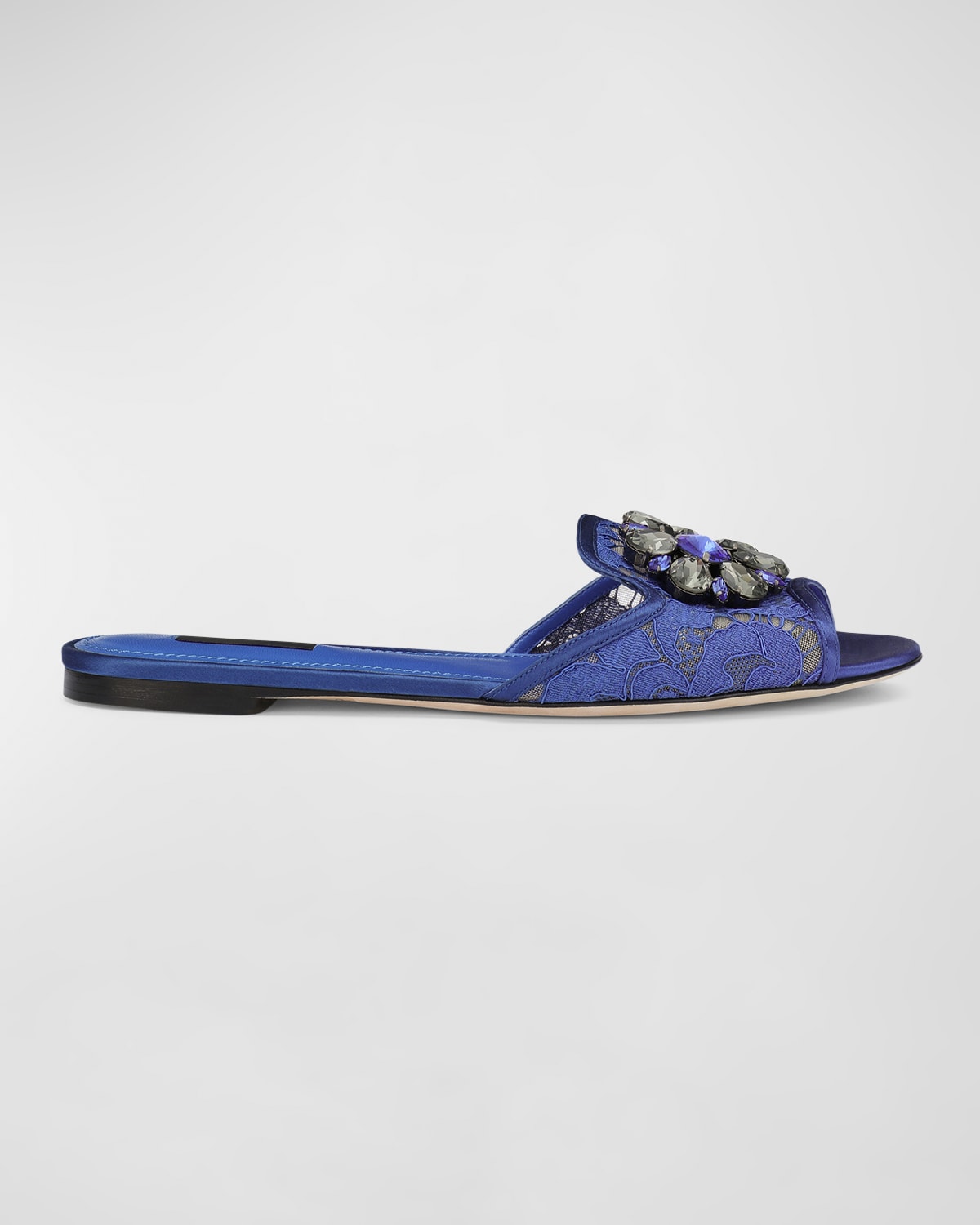 Dolce & Gabbana Lace Crystal Ornament Slide Sandals In Blue