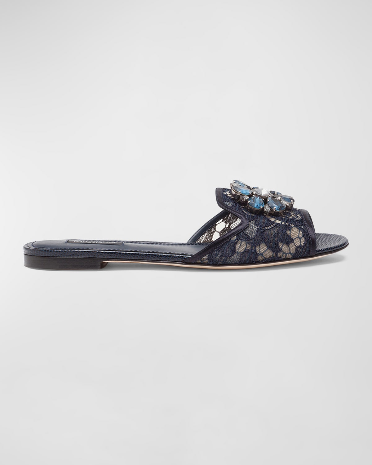 Dolce & Gabbana Lace Crystal Ornament Slide Sandals In Black