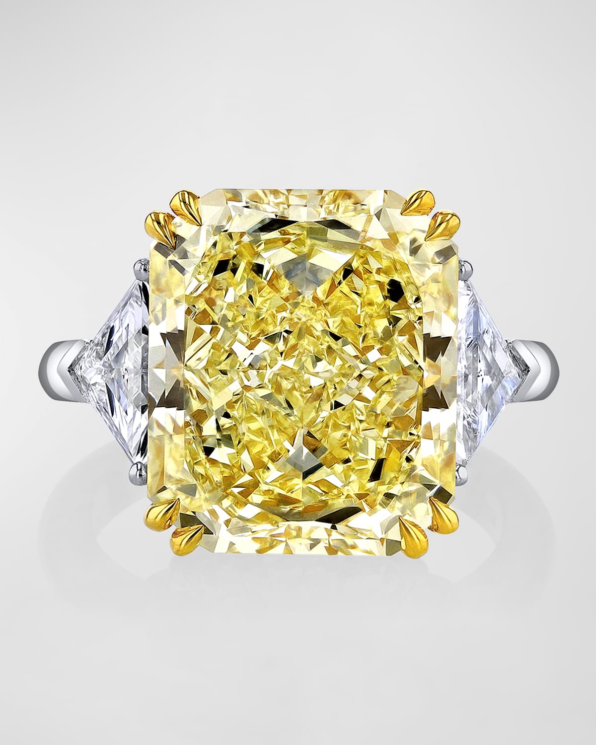 Platinum and 18K Yelow Gold Large Fancy Yellow Radiant Cut Ring with White Diamond and Triangular Sides, Size 6.5, 23.22tcw