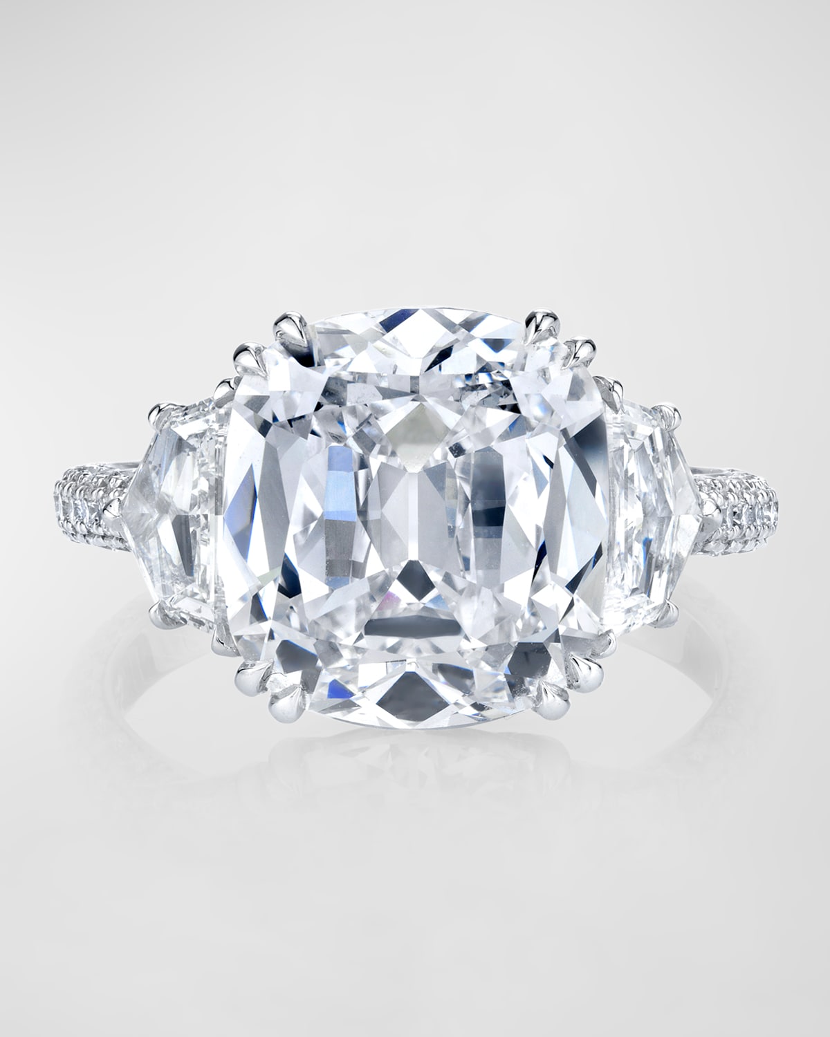 Platinum 3 Stone Ring with Large Cushion Cut Diamond, Trapezoid Sides, 3 Row Micro Pave Shank and Diamond Basket, Size 6.5, 14.06tcw