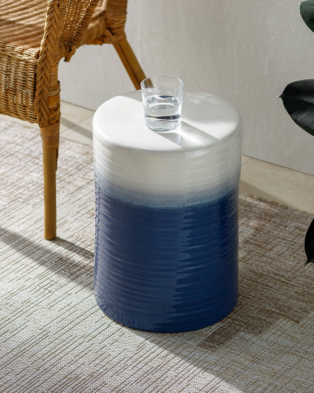 Surya Rugs Waverly Outdoor Stool, Denim In Blue/white