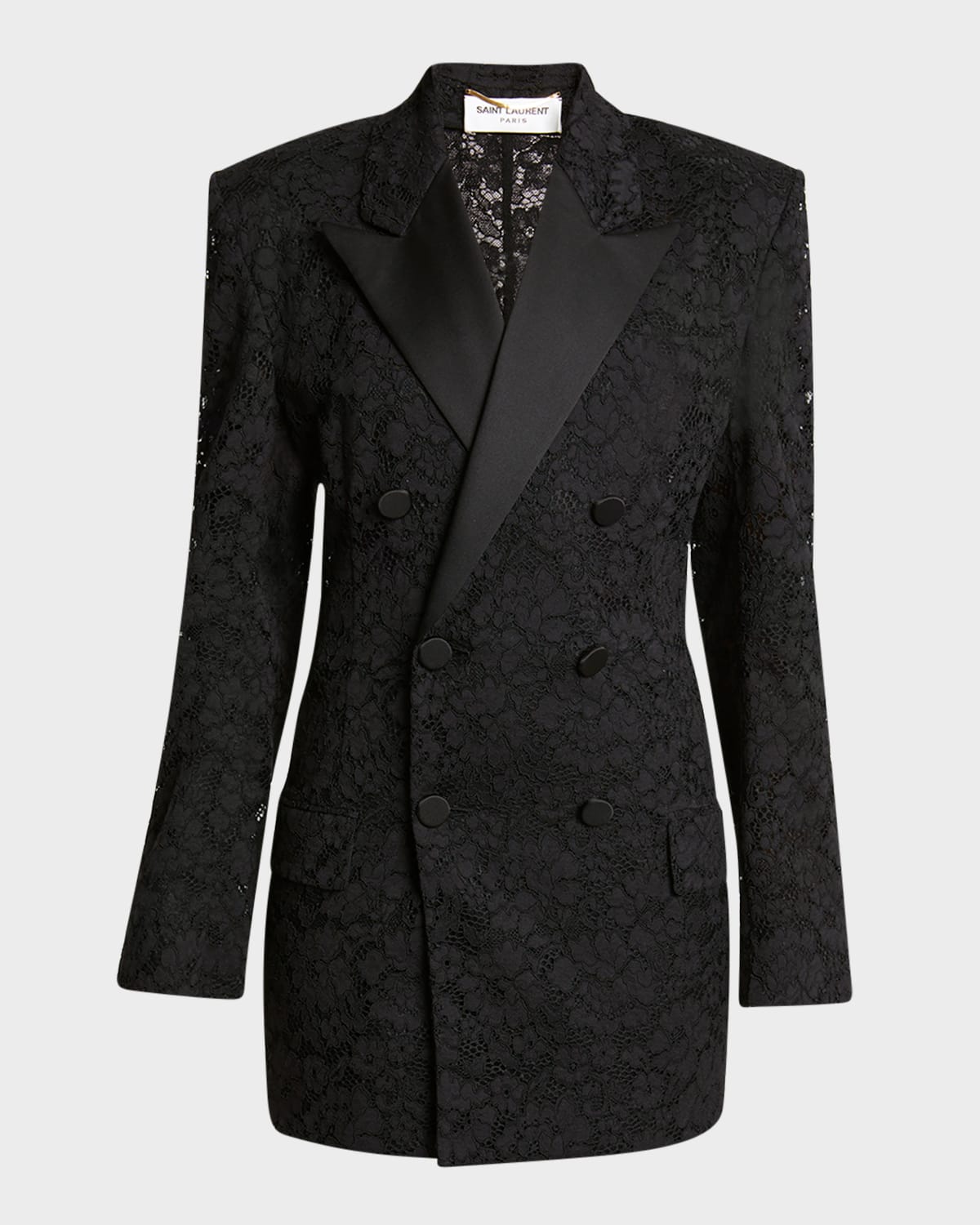 Saint Laurent Double-breasted Lace Tuxedo Blazer In Nero