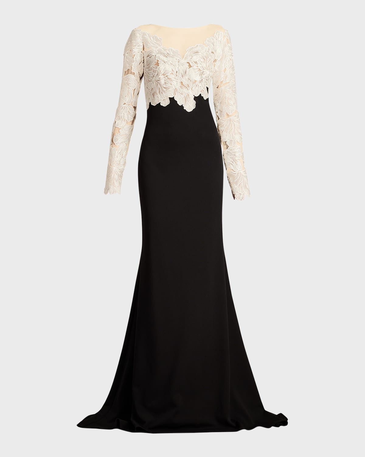 Tadashi Shoji Floral-embroidered Crepe Trumpet Gown In Ivoryblack
