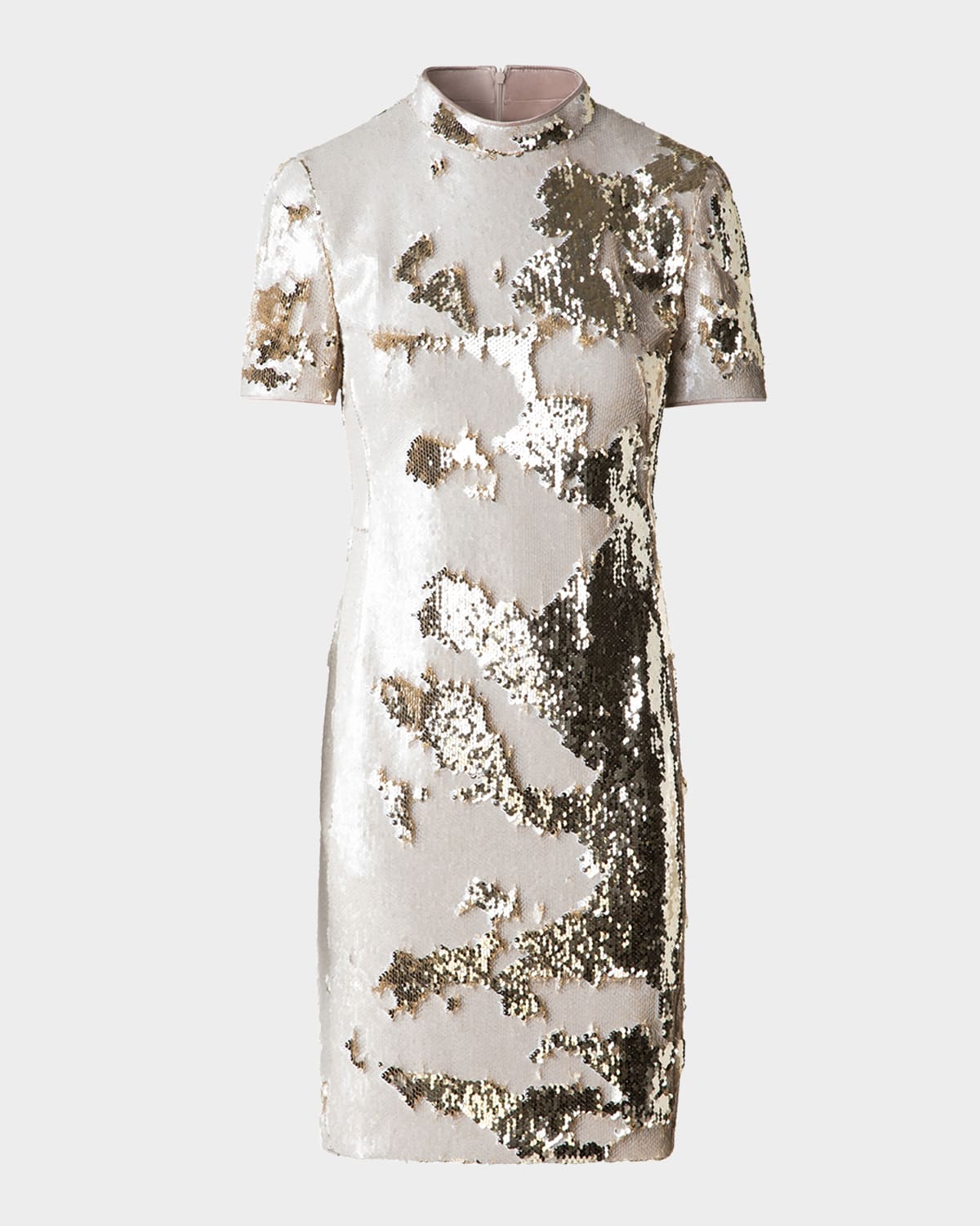 Akris Mock-neck Short-sleeve Sequin Mini Dress In Greige-gold