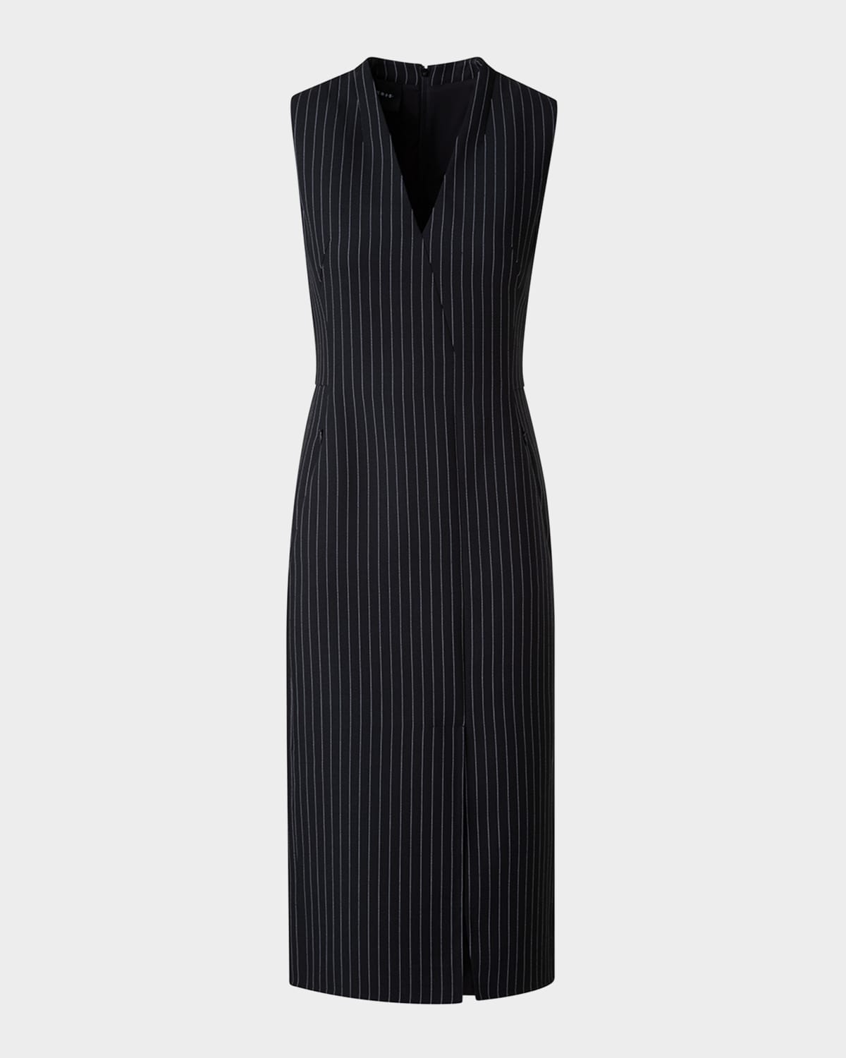Akris V-neck Pinstripe Sleeveless Dress In Black-ecru