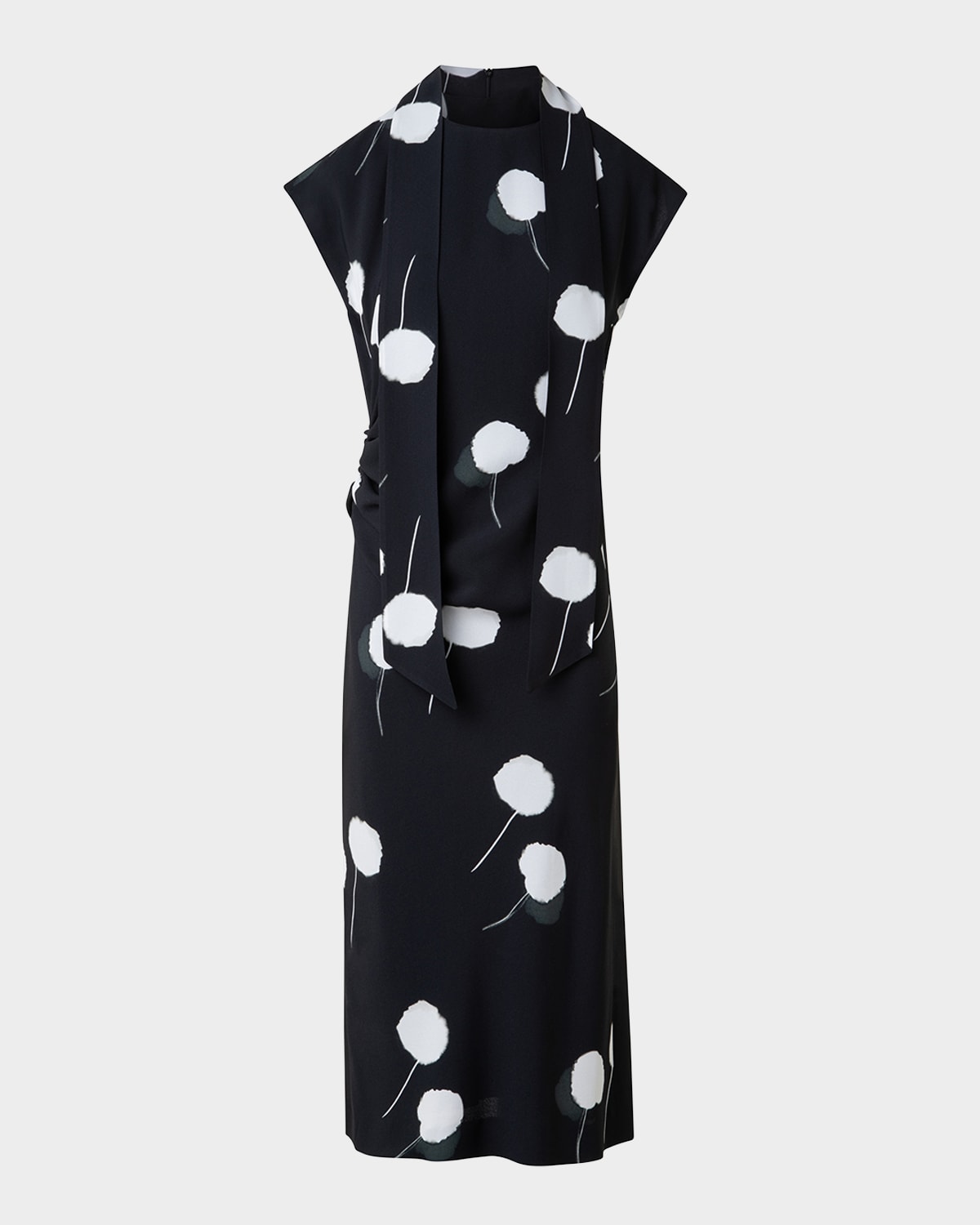 Akris Windflower-print Cap-sleeve Crepe Midi Dress With Detachable Bow In Black-ecru