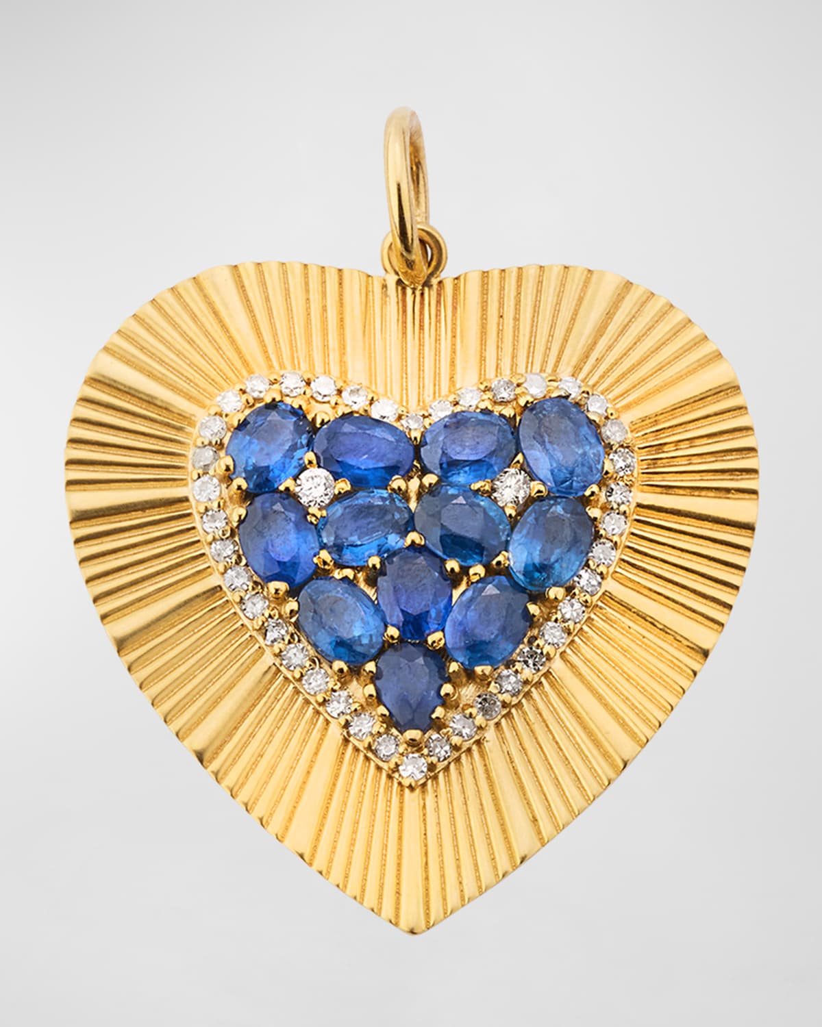 14K Yellow Gold Blue Sapphire and Diamond Fluted Heart Charm
