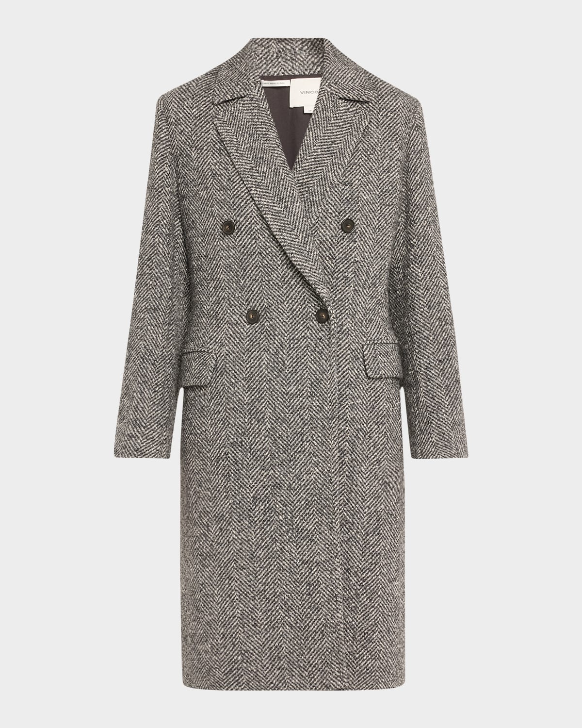 Vince Herringbone Tweed Double Breasted Coat In Charcoal