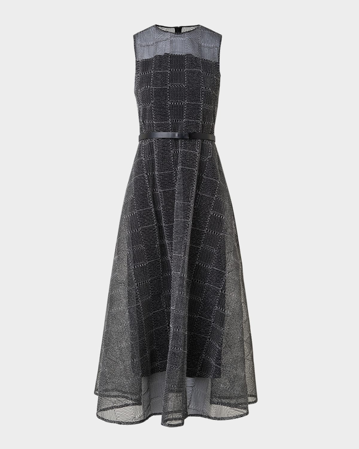 Akris Square Embroidered Tulle Sleeveless Midi Dress In Black-ecru