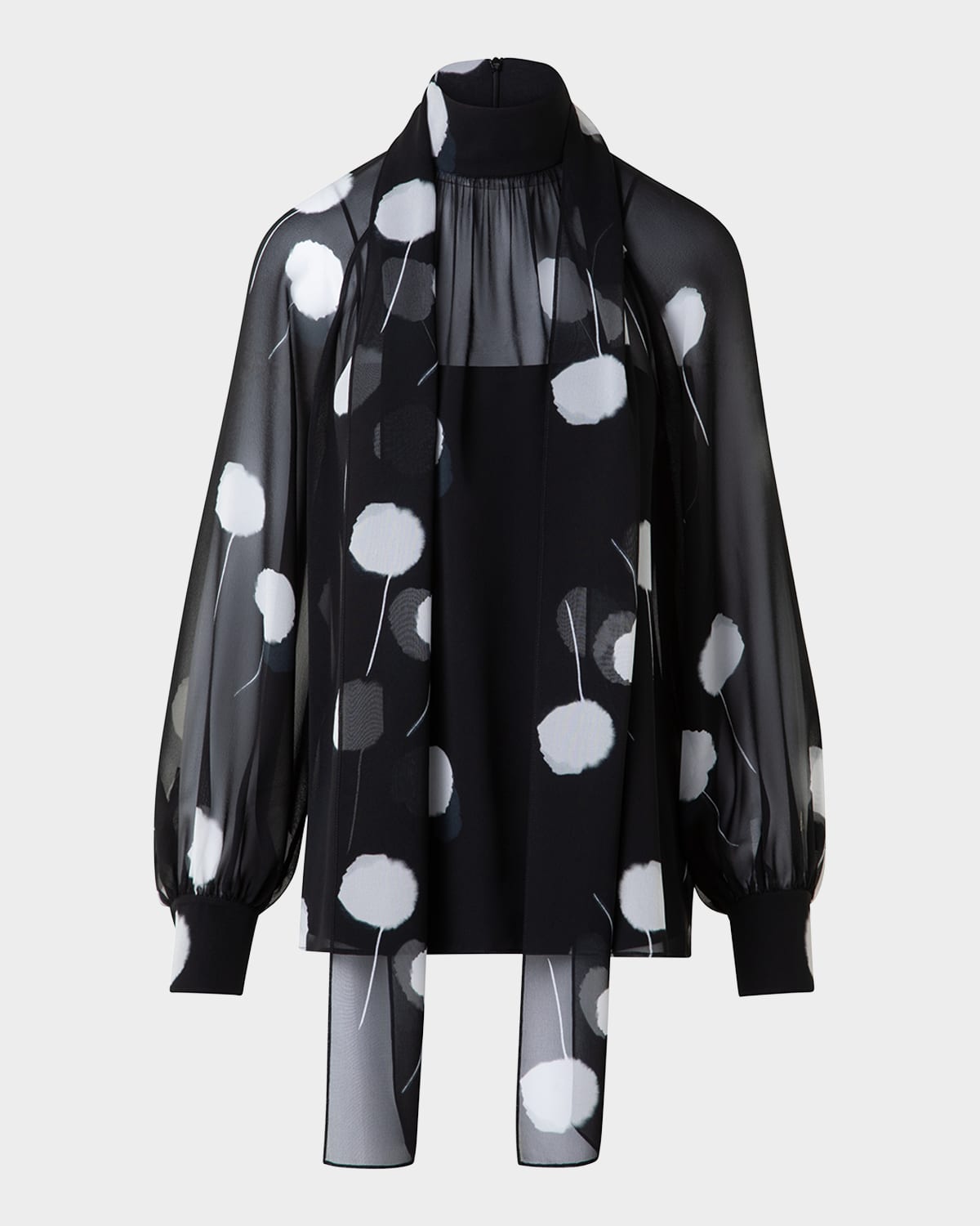Shop Akris Windflower Print Neck-tie Silk Georgette Blouse In Black-ecru