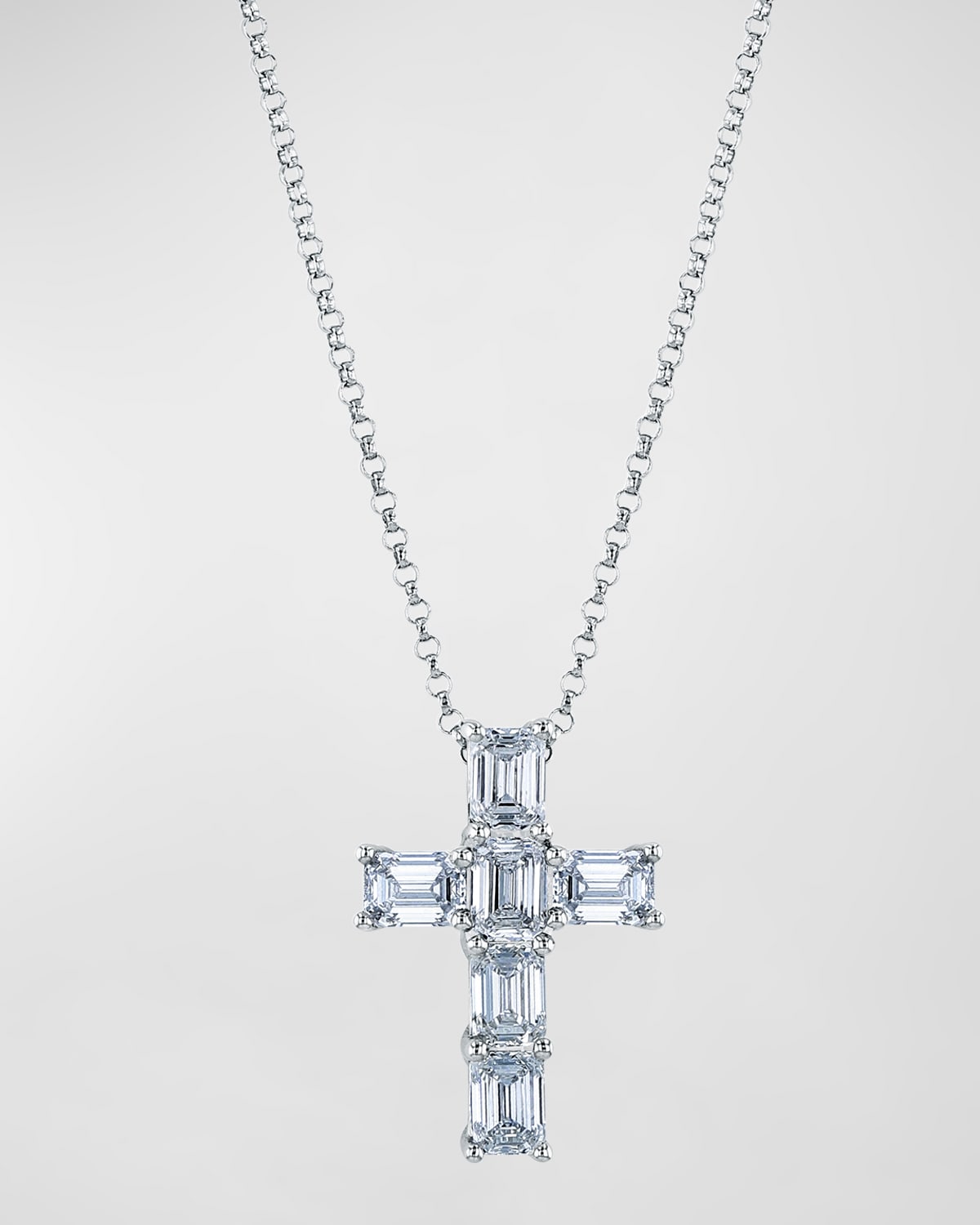 18K Gold 6-Stone Shared Prong Emerald Cut Diamond Cross Necklace, 16"L, 1.50tcw