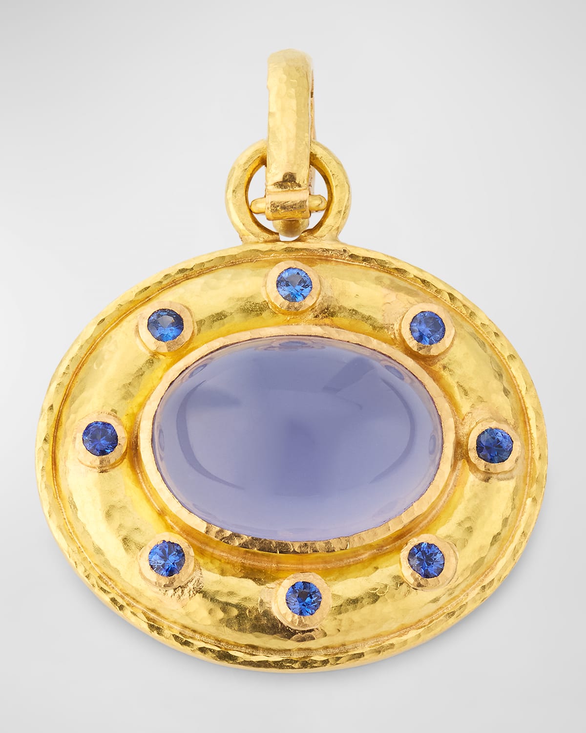 19K Yellow Gold Medium Horizontal Oval Blue Chalcedony and Blue Sapphire Pendant