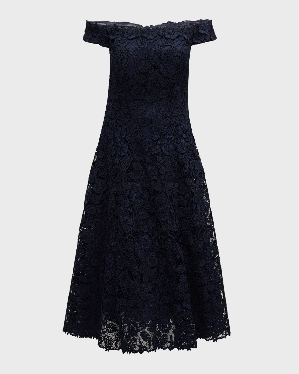 Rickie Freeman For Teri Jon Off-shoulder Floral Lace Midi Dress In Navy