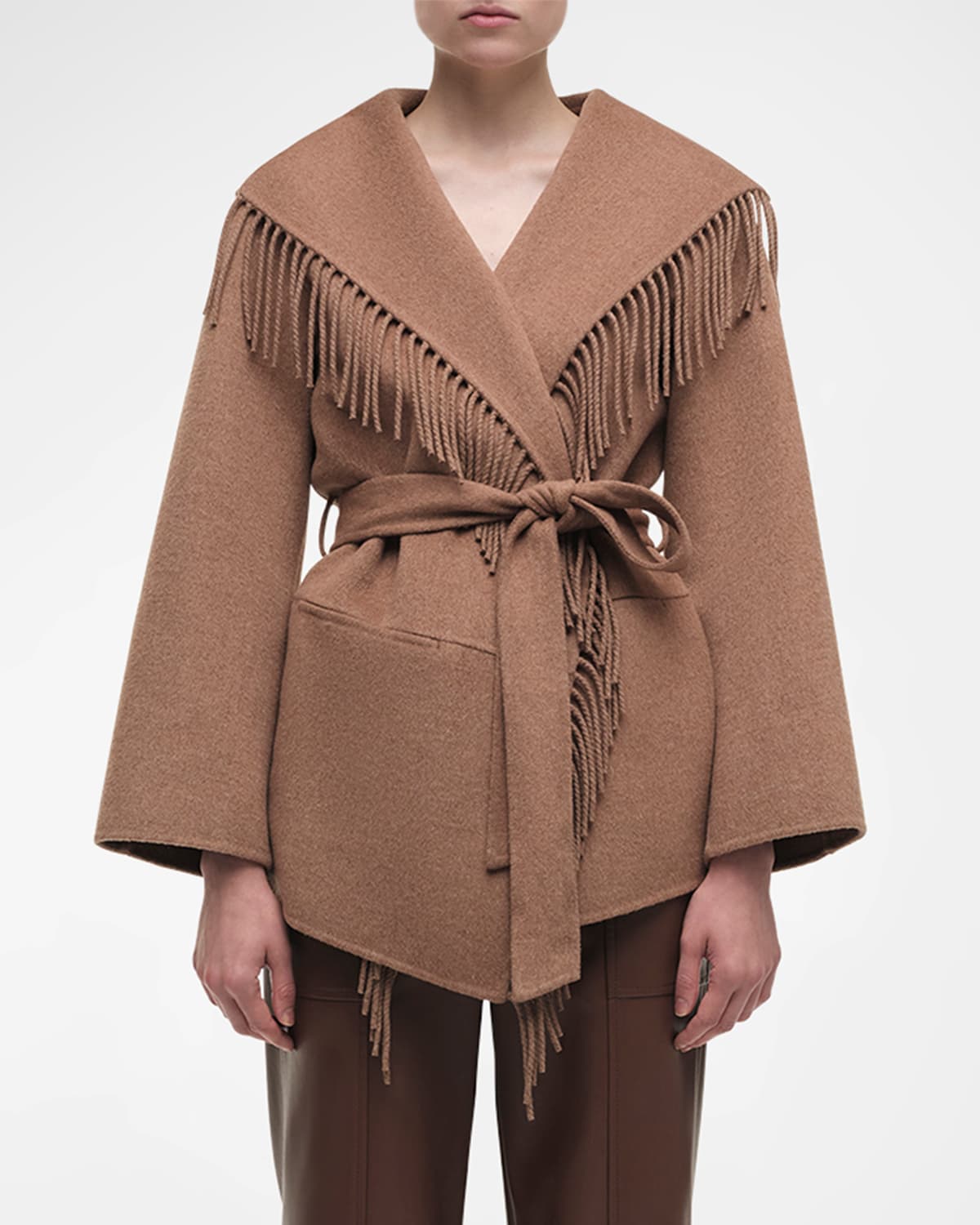 Simkhai Rowen Fringe Belted Wool-blend Jacket In Camel