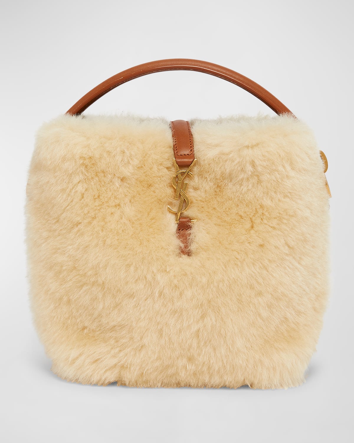 Shop Saint Laurent Le 37 Mini Ysl Bucket Bag In Lamb Shearling Fur In Cream Beige/brick