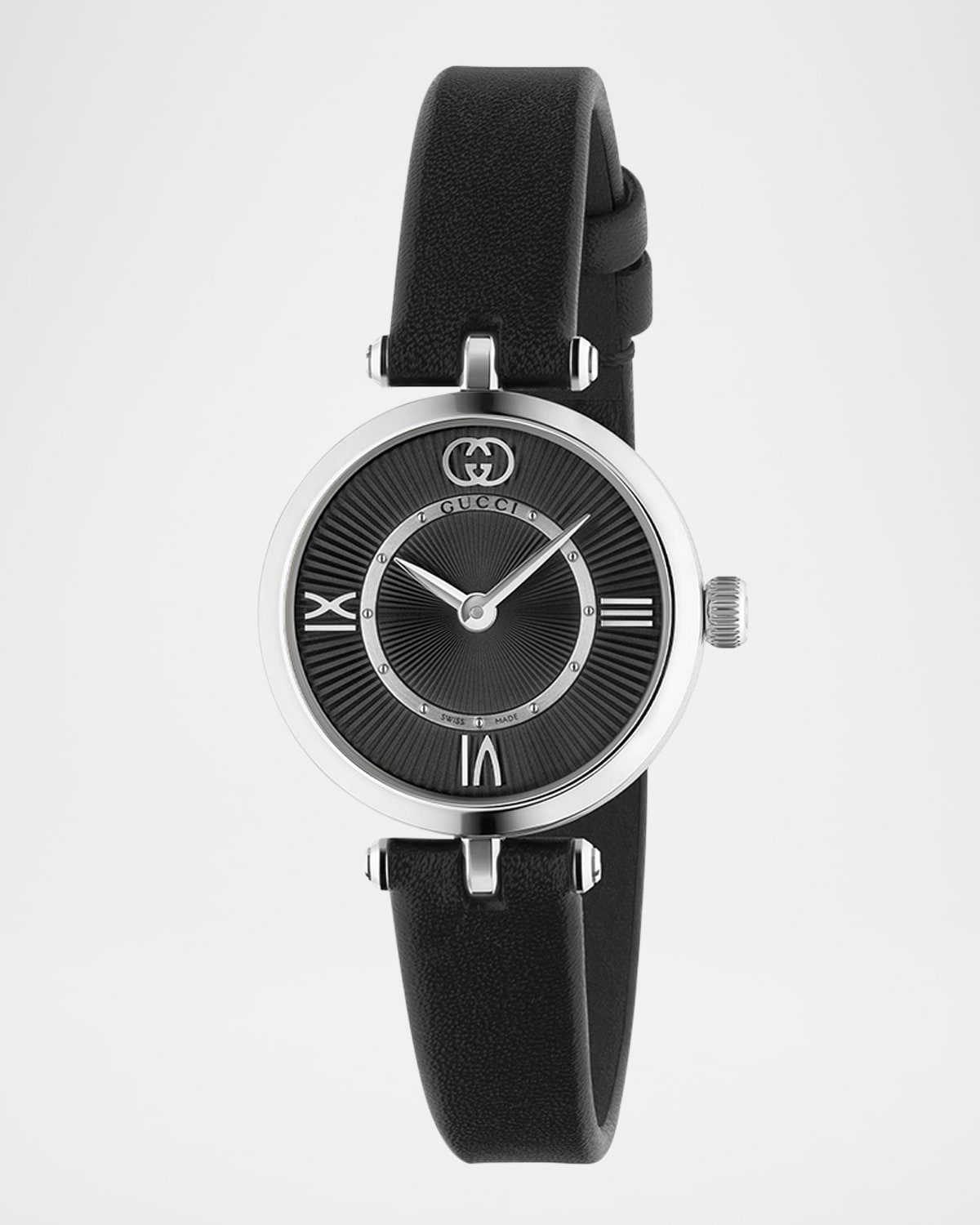 Stainless Steel Model 2000 24mm Watch with Black Leather Strap