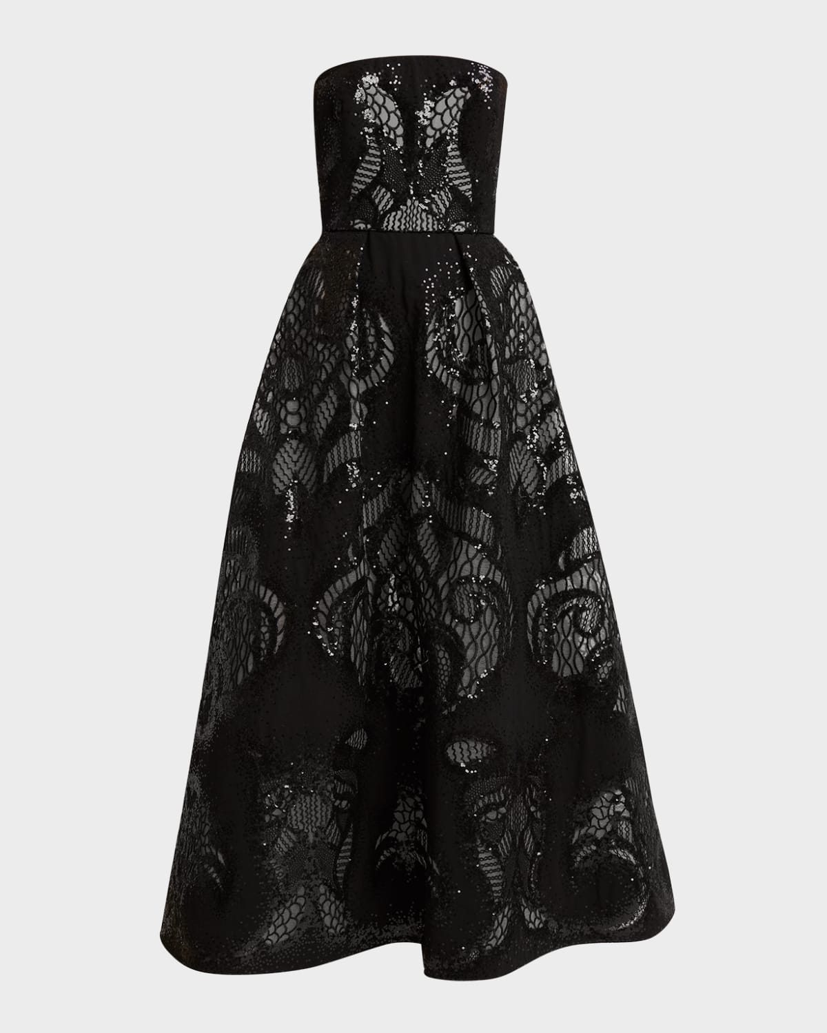 Strapless Sequin Lace Embroidered Tulle Midi Dress