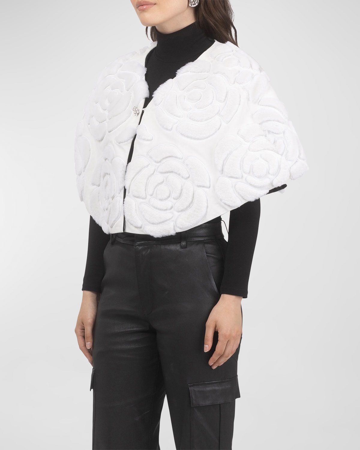 Select Shearling Lamb Floral Embroidered Suede Reversible Stole