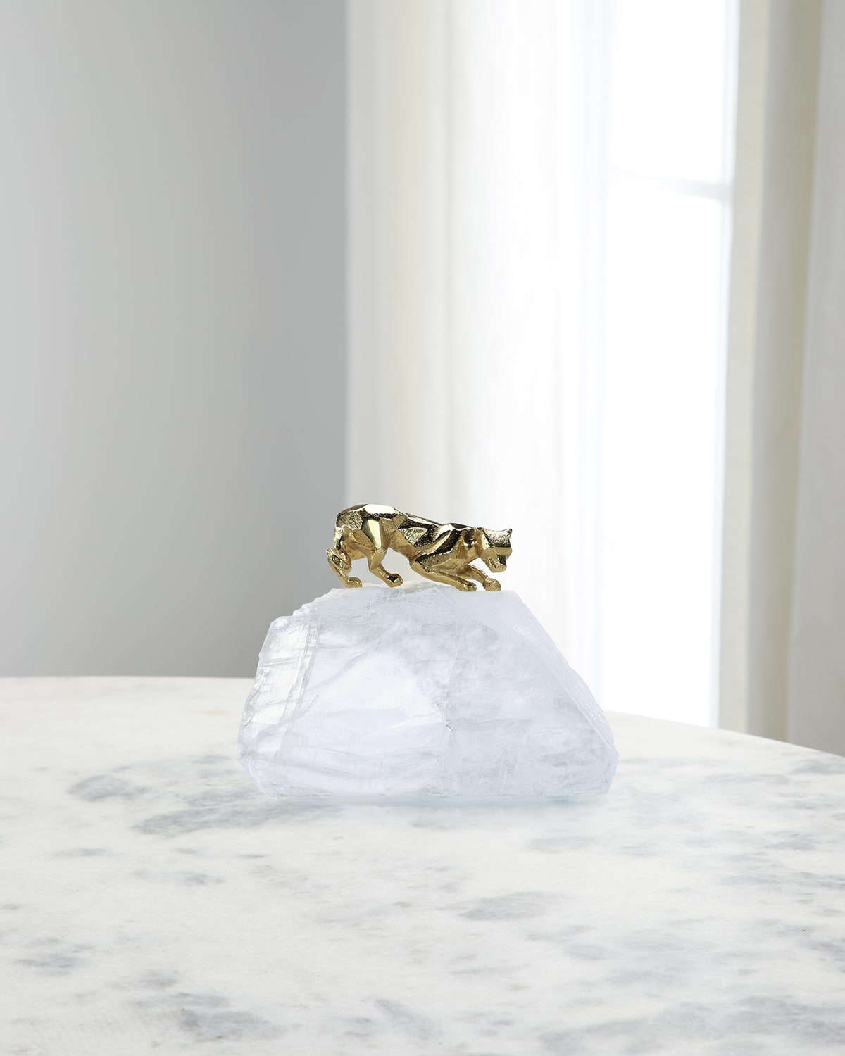 John-richard Collection Perched Brass Panther Sculpture On Selenite In White
