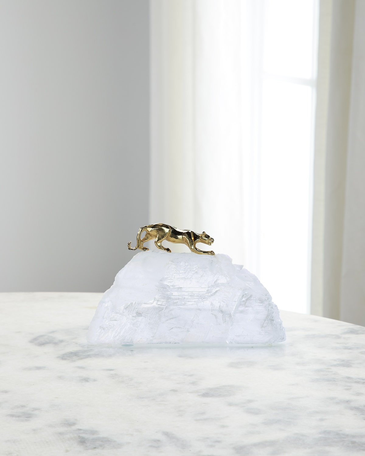 John-richard Collection Prowling Brass Panther Sculpture On Selenite In White