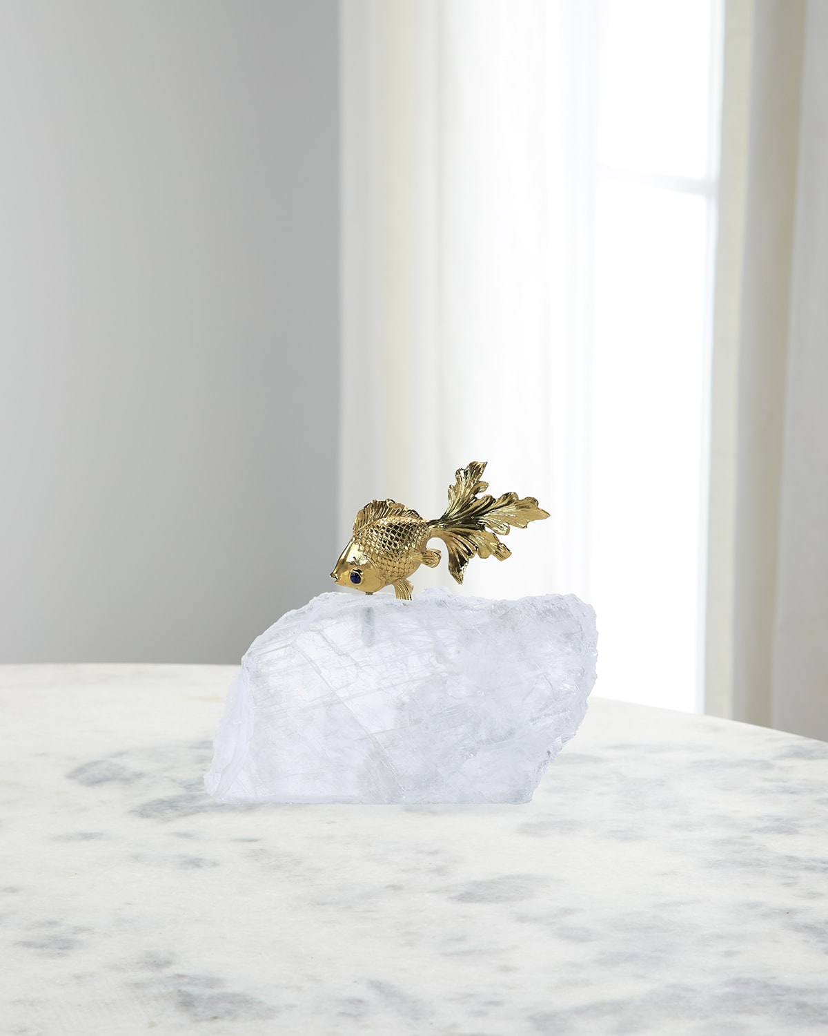 John-richard Collection Fantail Goldfish On Selenite Sculpture In Gold