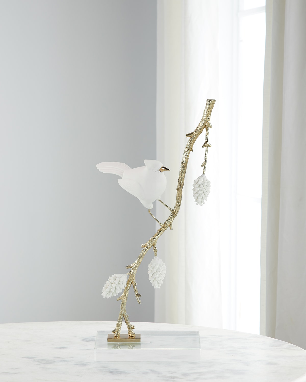 John-richard Collection Porcelain Bird On Pine Branch Sculpture In White