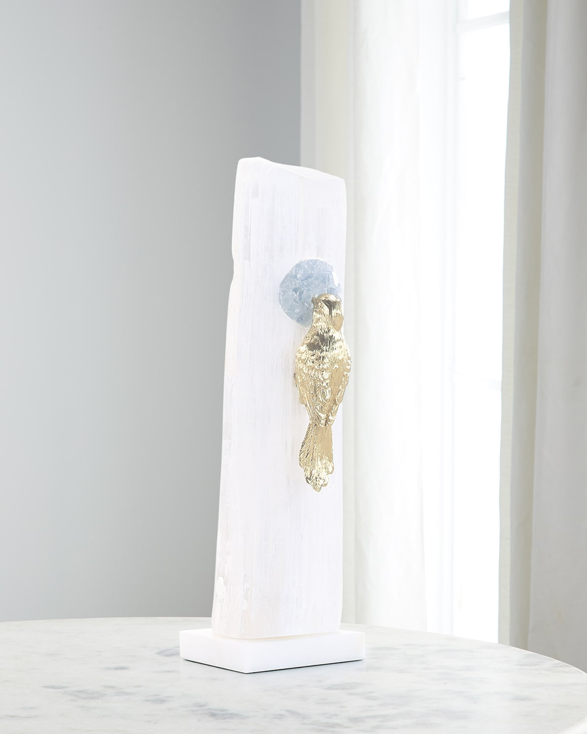 John-richard Collection Brass Bird Sculpture On Selenite Roost I In White