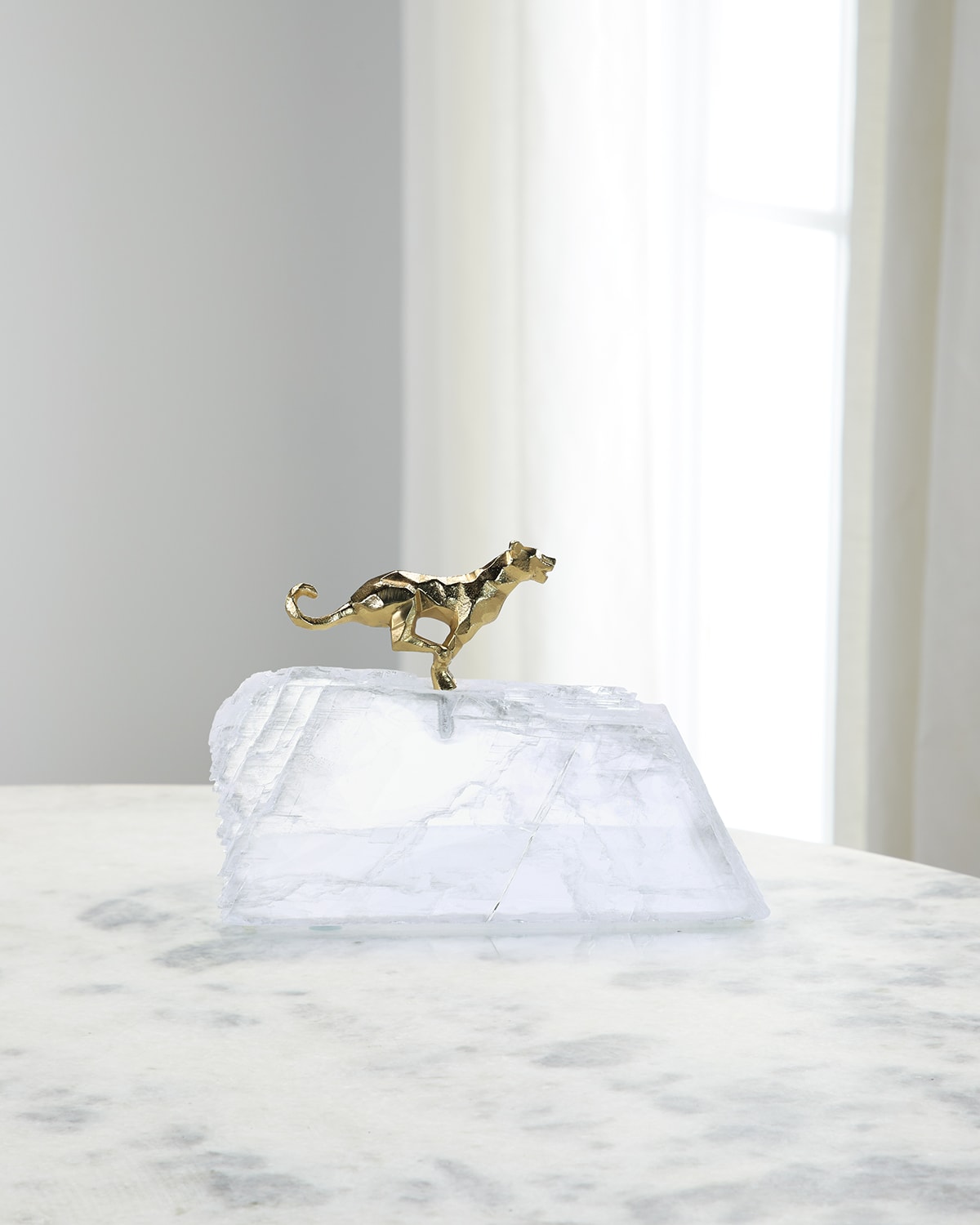 John-richard Collection Sprinting Brass Panther Sculpture On Selenite In Clear