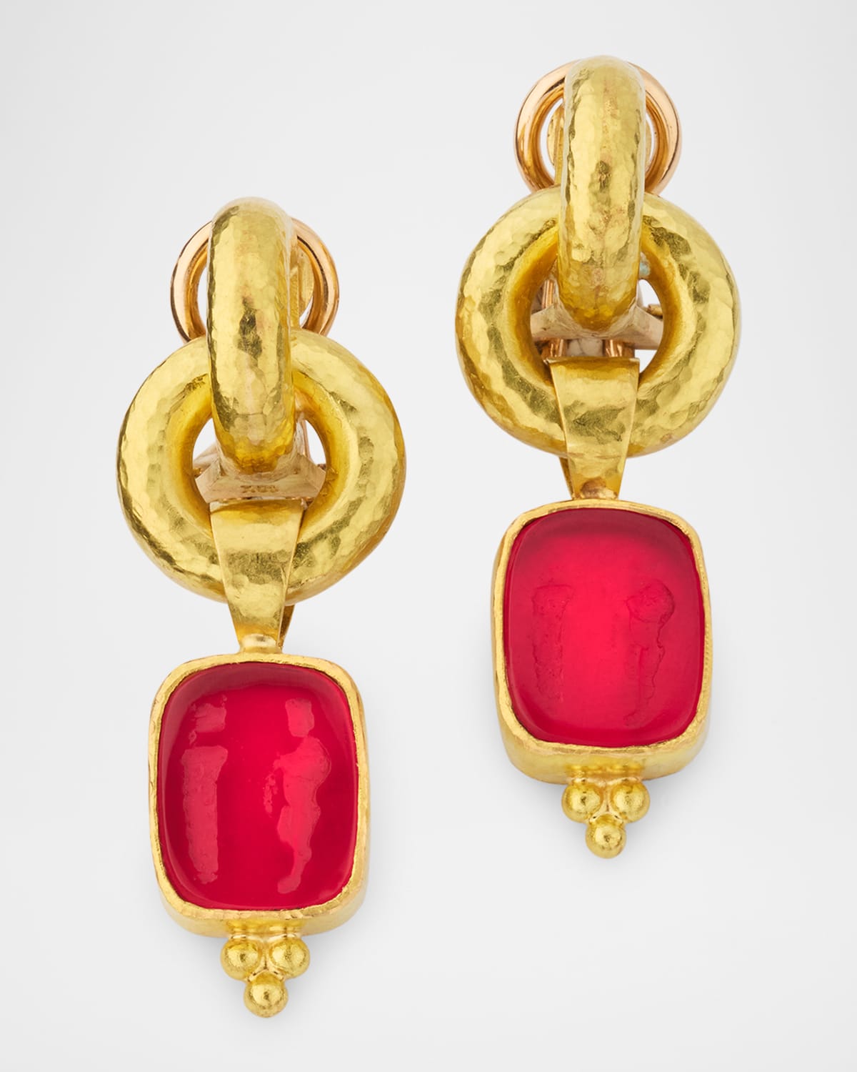 19K God and Pillar Drop Ruby Venetian Glass Intaglio Earrings