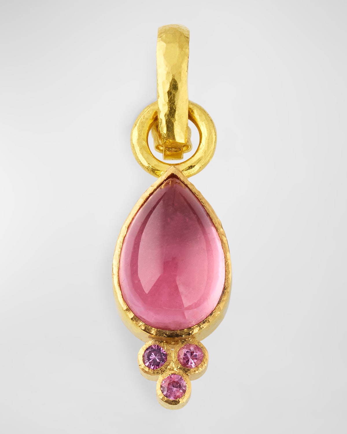 19K Yellow Gold Small Vertical Pear Shaped Pink Tourmaline and Sapphire Pendant
