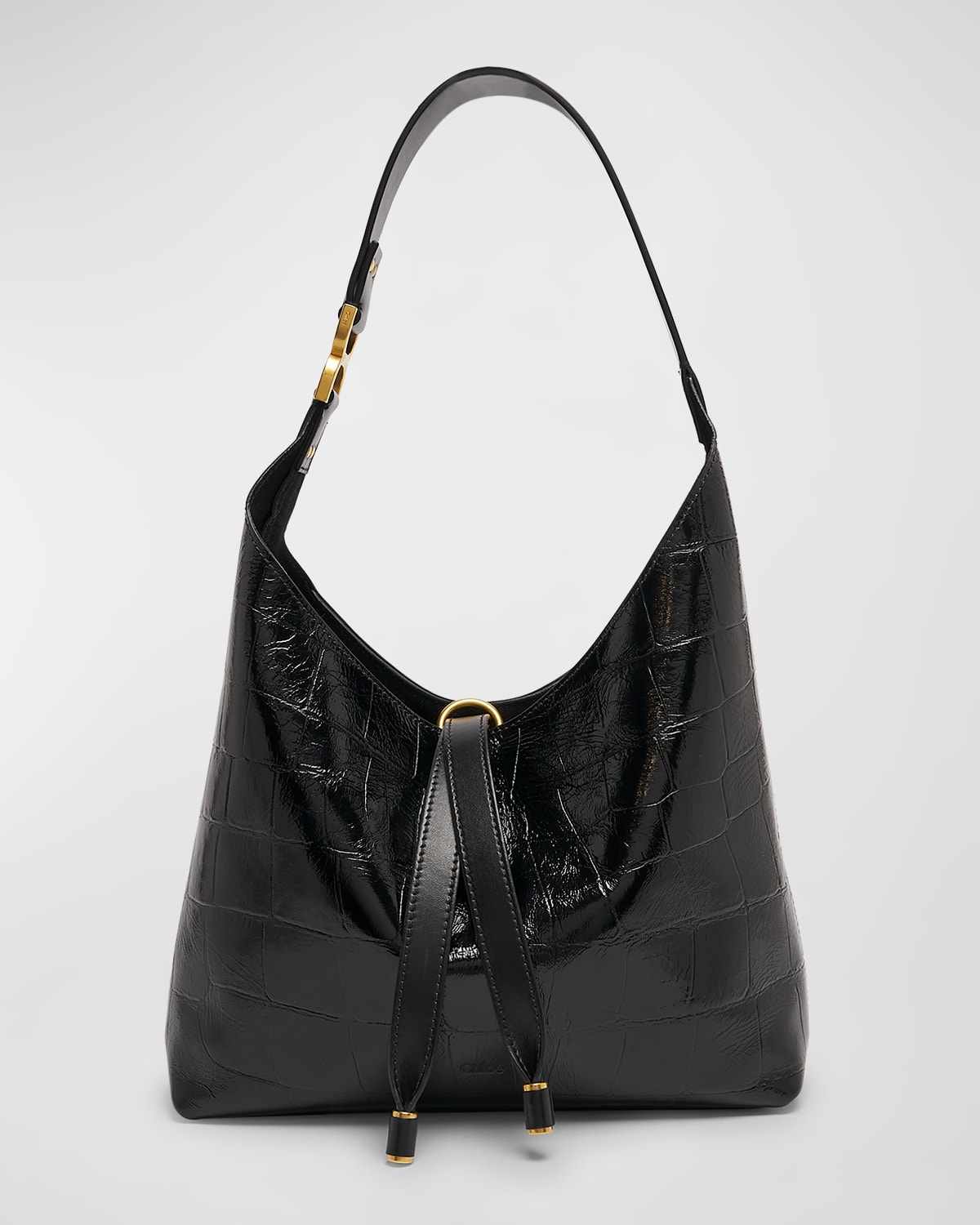 Chloé Marcie Small Hobo Bag In Croc-embossed Leather In Black